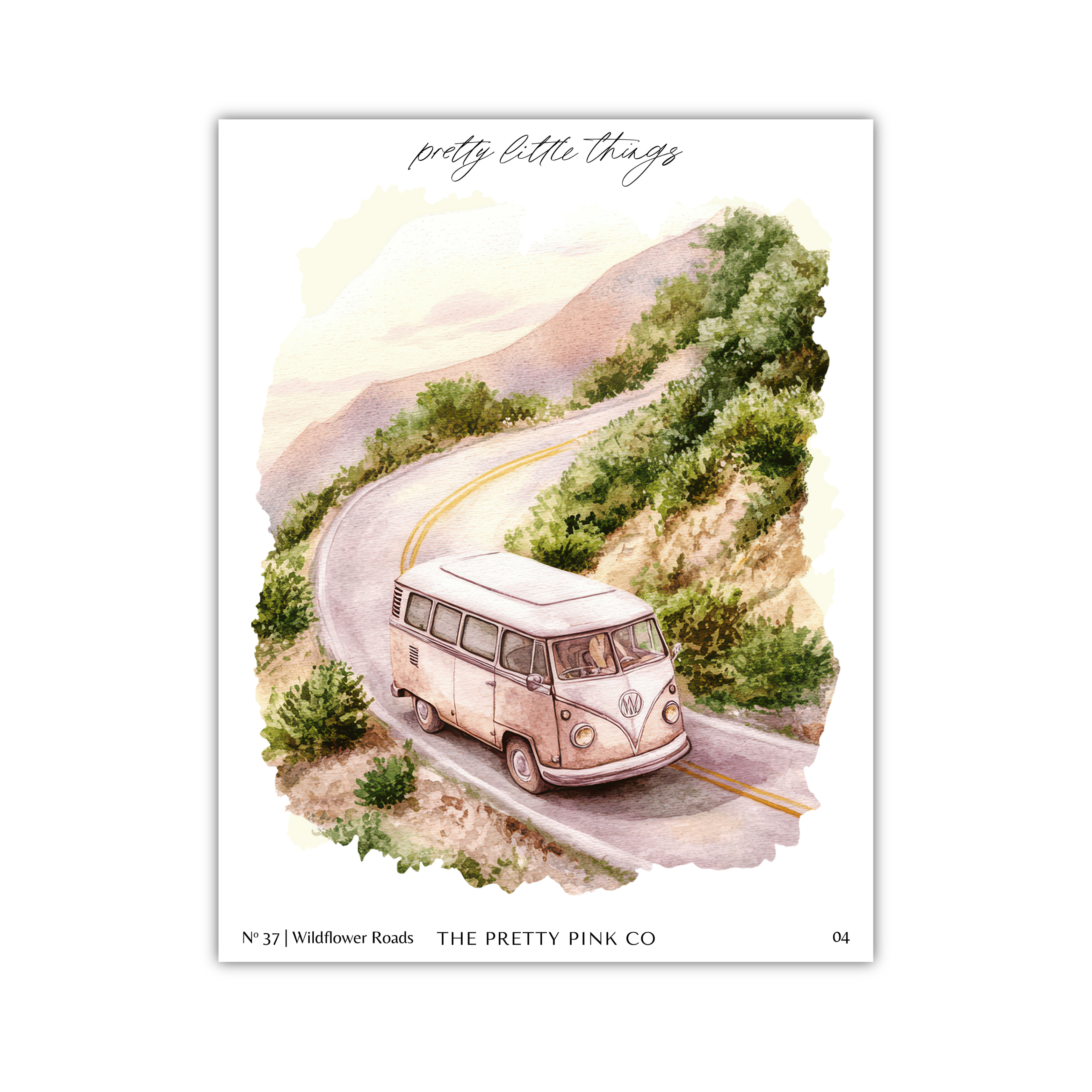 A vintage Volkswagen van is driving on a winding road through a lush, mountainous landscape.