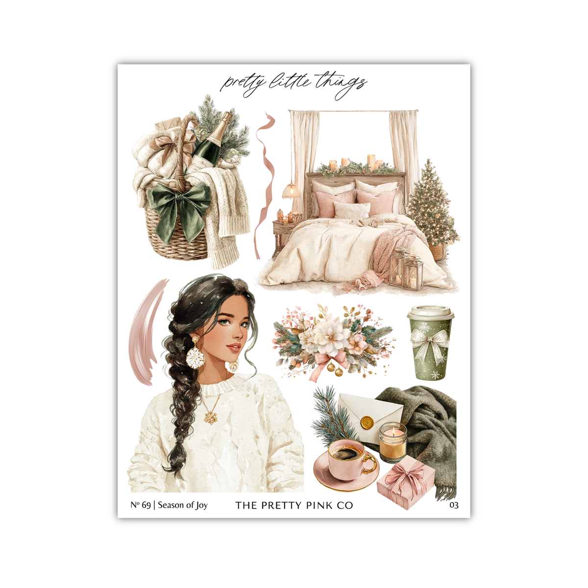 The image is a collage of various decorative items and a woman, including a basket, a bed, a Christmas tree, a cup, a gift box, and a woman with long braided hair.