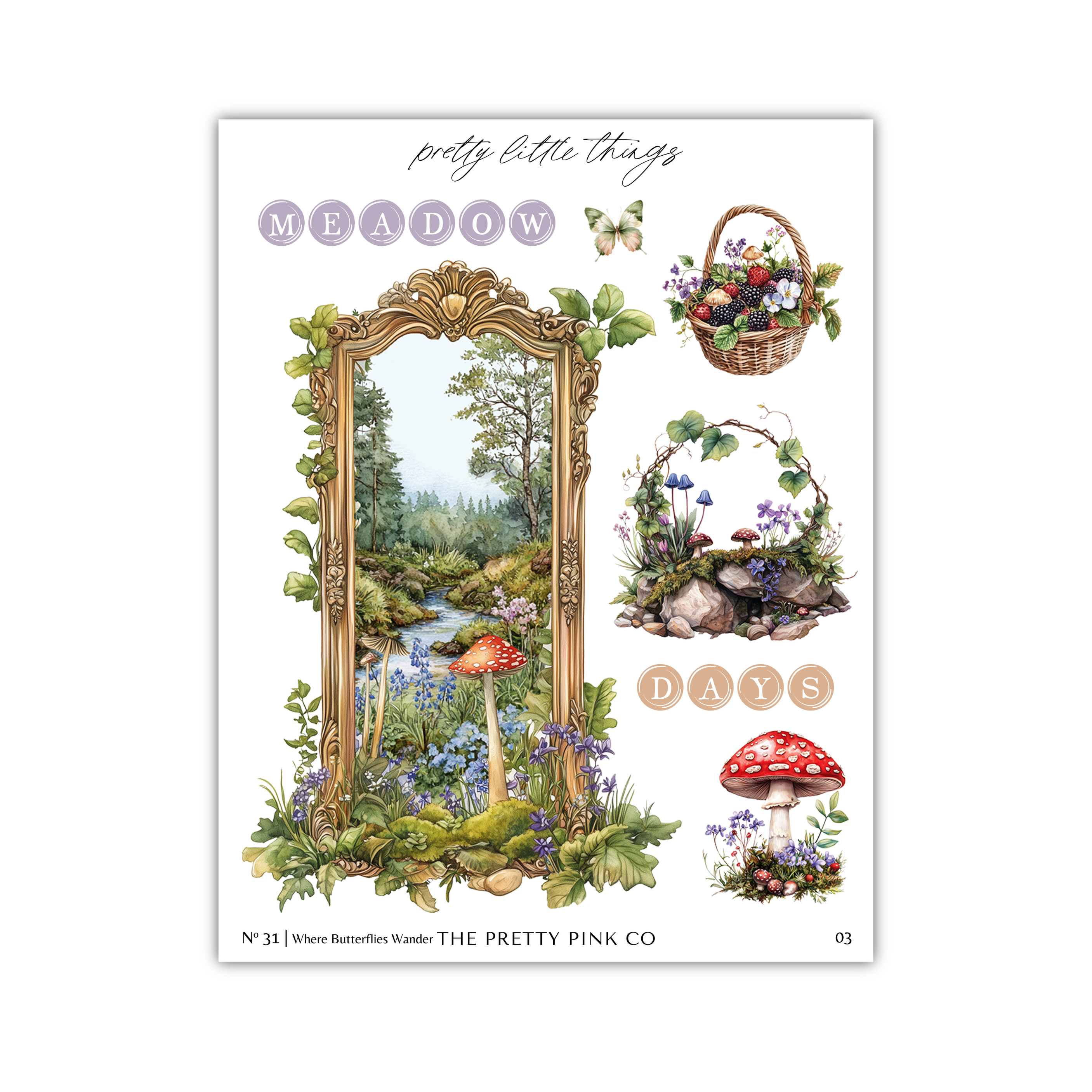 The image is a collage of various nature-themed illustrations, including a meadow scene, mushrooms, flowers, and a butterfly.