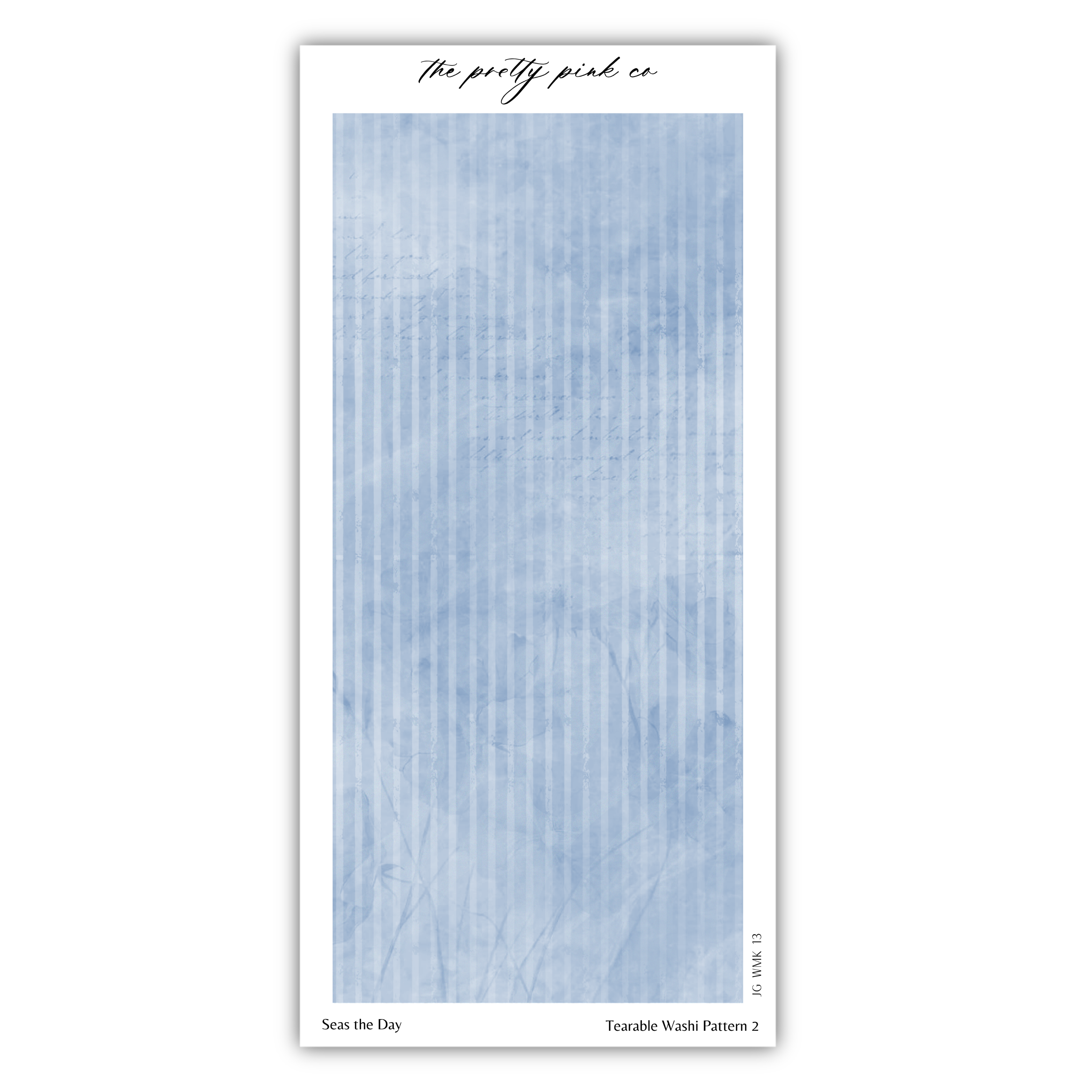 The image is a collage of various images, including a blue striped pattern and a watercolor-like texture. The collage is titled "The pretty pink co" and includes the phrases "Seas the Day" and "Tearable Washi Pattern 2".