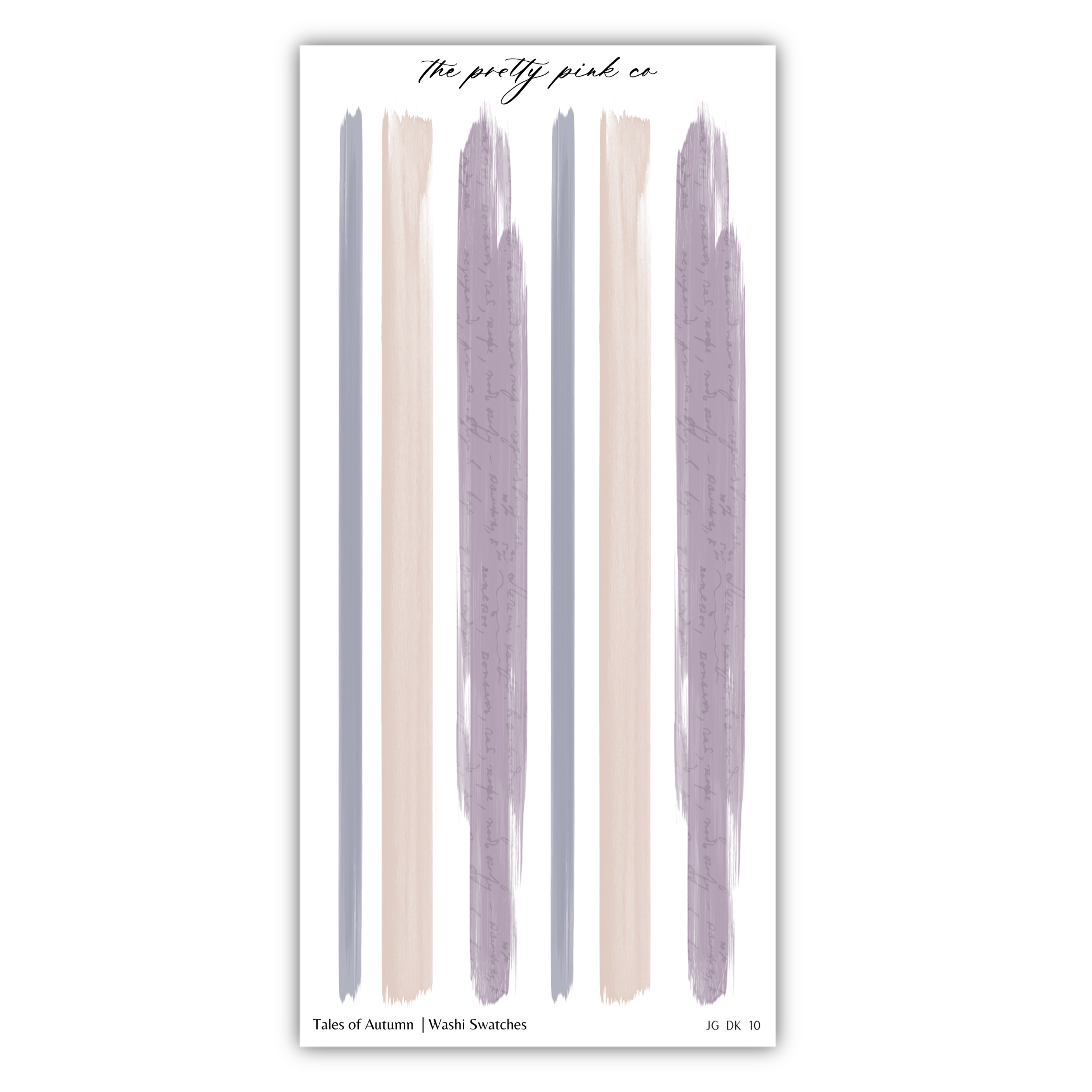 The image is a collage of various abstract brushstrokes in different colors, including shades of purple, pink, and gray. The text "The pretty pink co" is written above the image, and "Tales of Autumn / Wash Swatches" is written below the image.