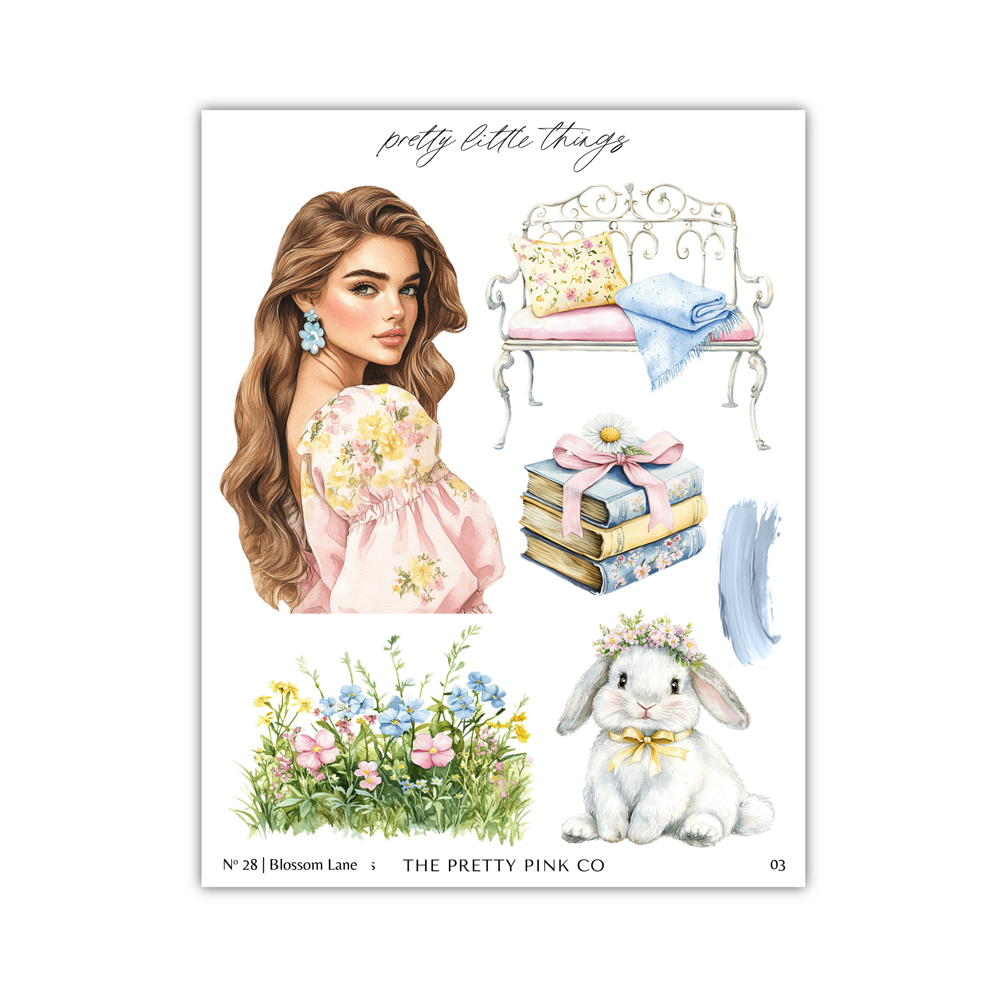 The image is a collage of various illustrations, including a woman with long brown hair, a bench, flowers, a rabbit, and books.