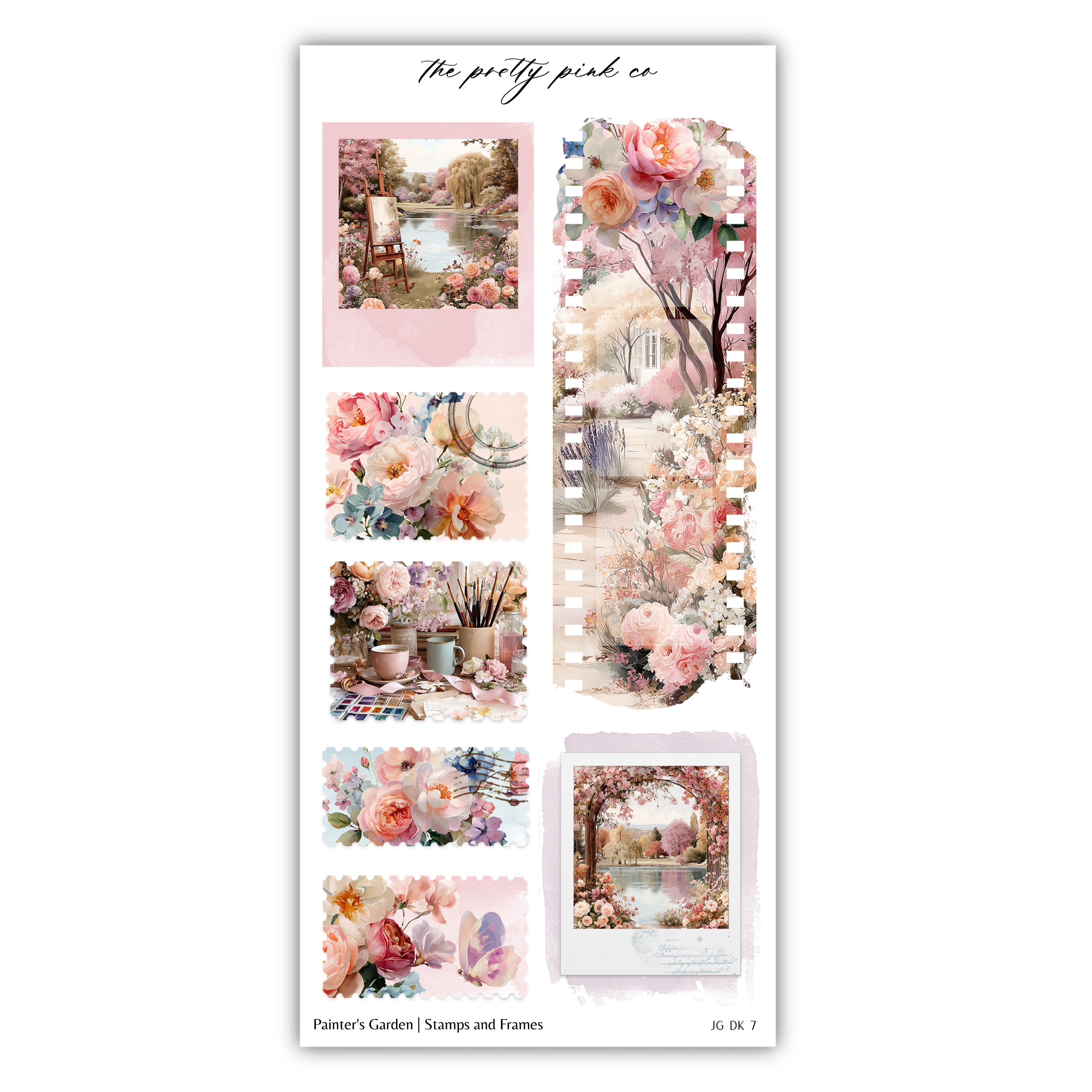 The image is a collage of various floral and artistic images, including paintings, photographs, and frames, all featuring a pink and white color scheme.