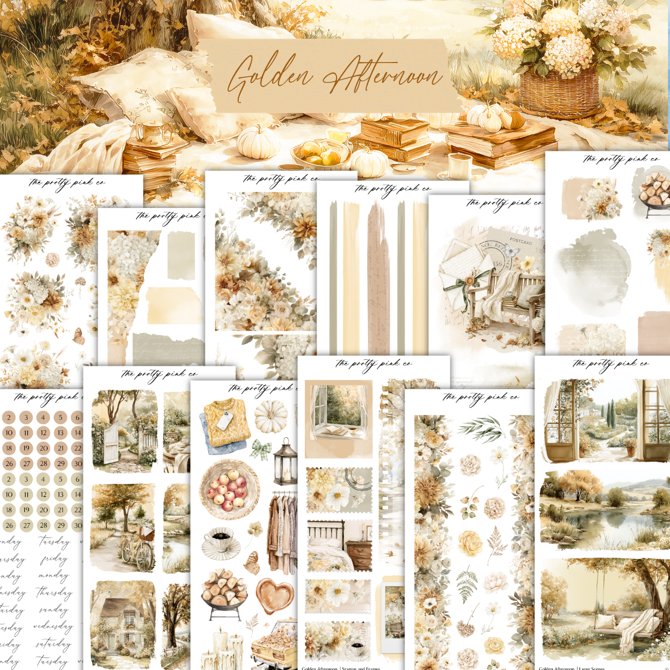 The image is a collage of various autumn-themed images, including floral arrangements, pumpkins, and other seasonal elements. The collage is titled "Golden Afternoon" and includes text that describes the images, such as "The pretty pink co" and "The pretty pink co". The collage features a variety of autumn-themed elements, such as leaves, flowers, and pumpkins, creating a warm and cozy atmosphere.