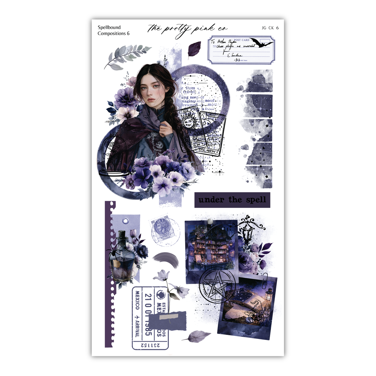 The image is a collage featuring a woman surrounded by various elements such as flowers, text, and other decorative elements. The collage appears to be a creative and artistic representation of the phrase "under the spell".