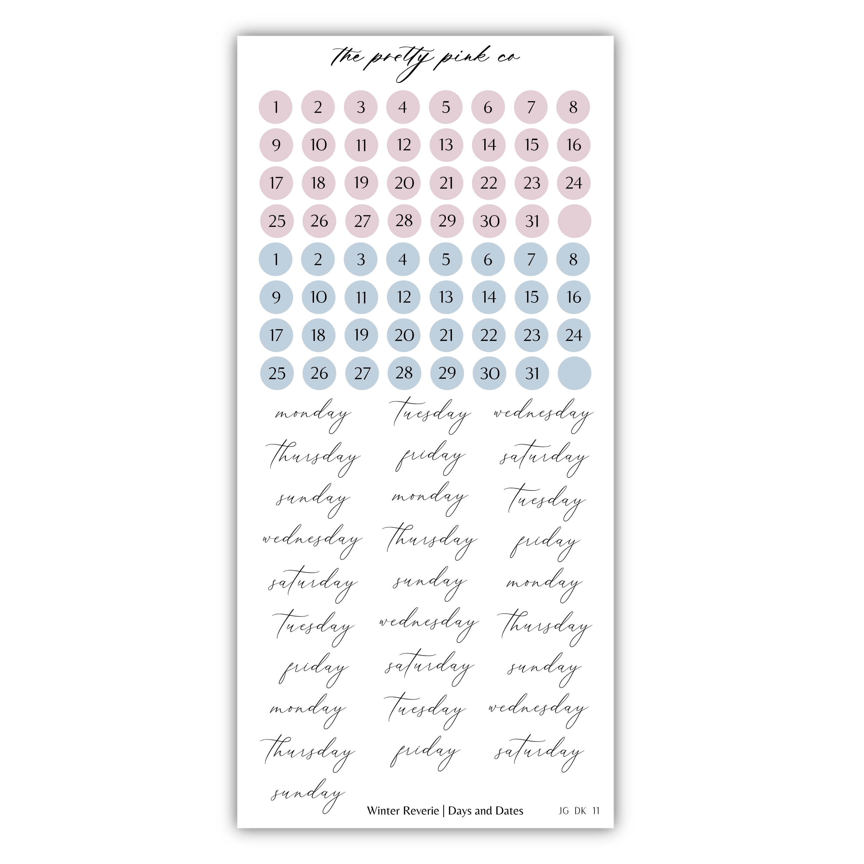 The image is a calendar with a grid of days and dates, and a list of days and dates written in cursive.
