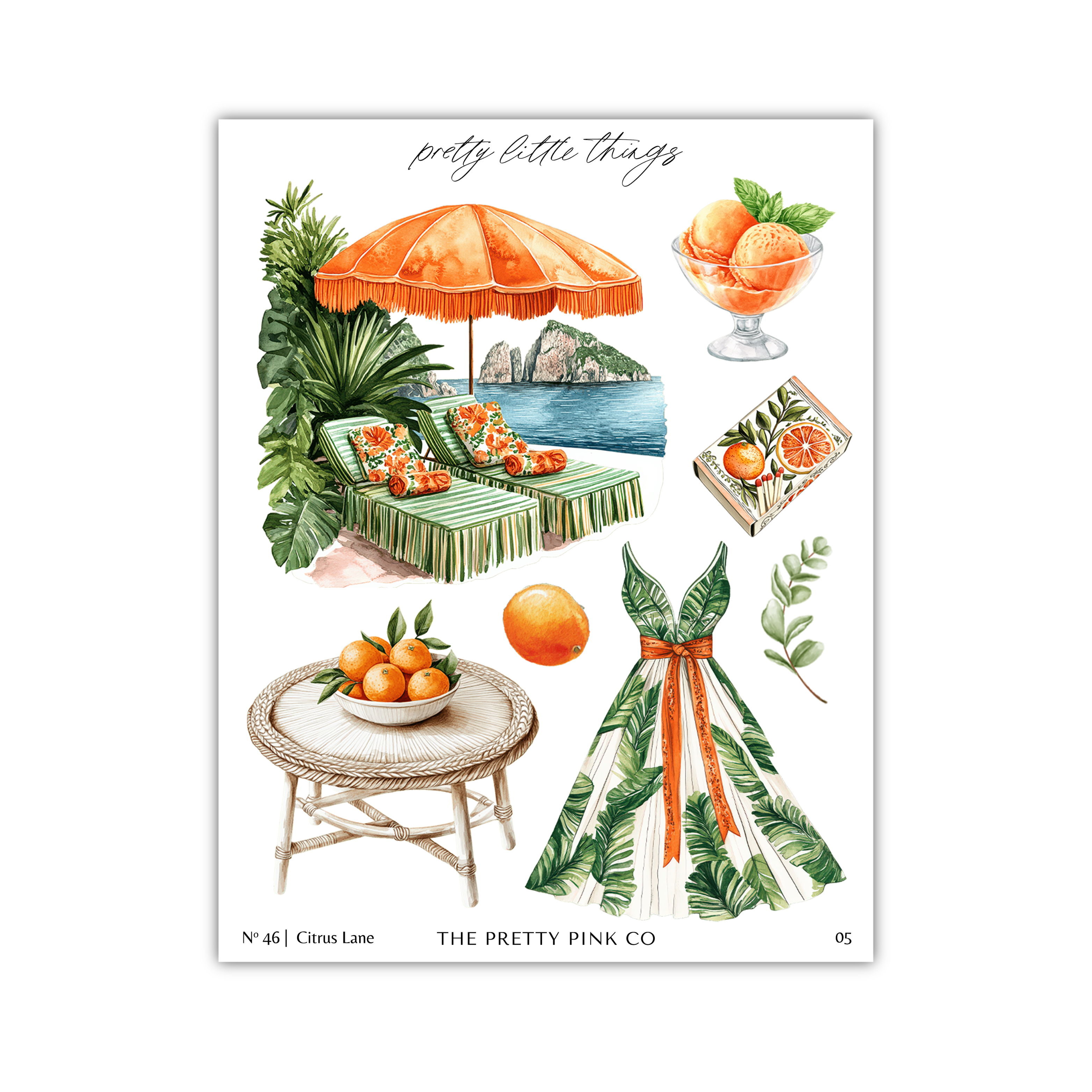 The image is a collage of various objects and scenes related to a tropical theme, including a large umbrella, a bowl of oranges, a dress, a table with a bowl of fruit, and a tropical landscape.
