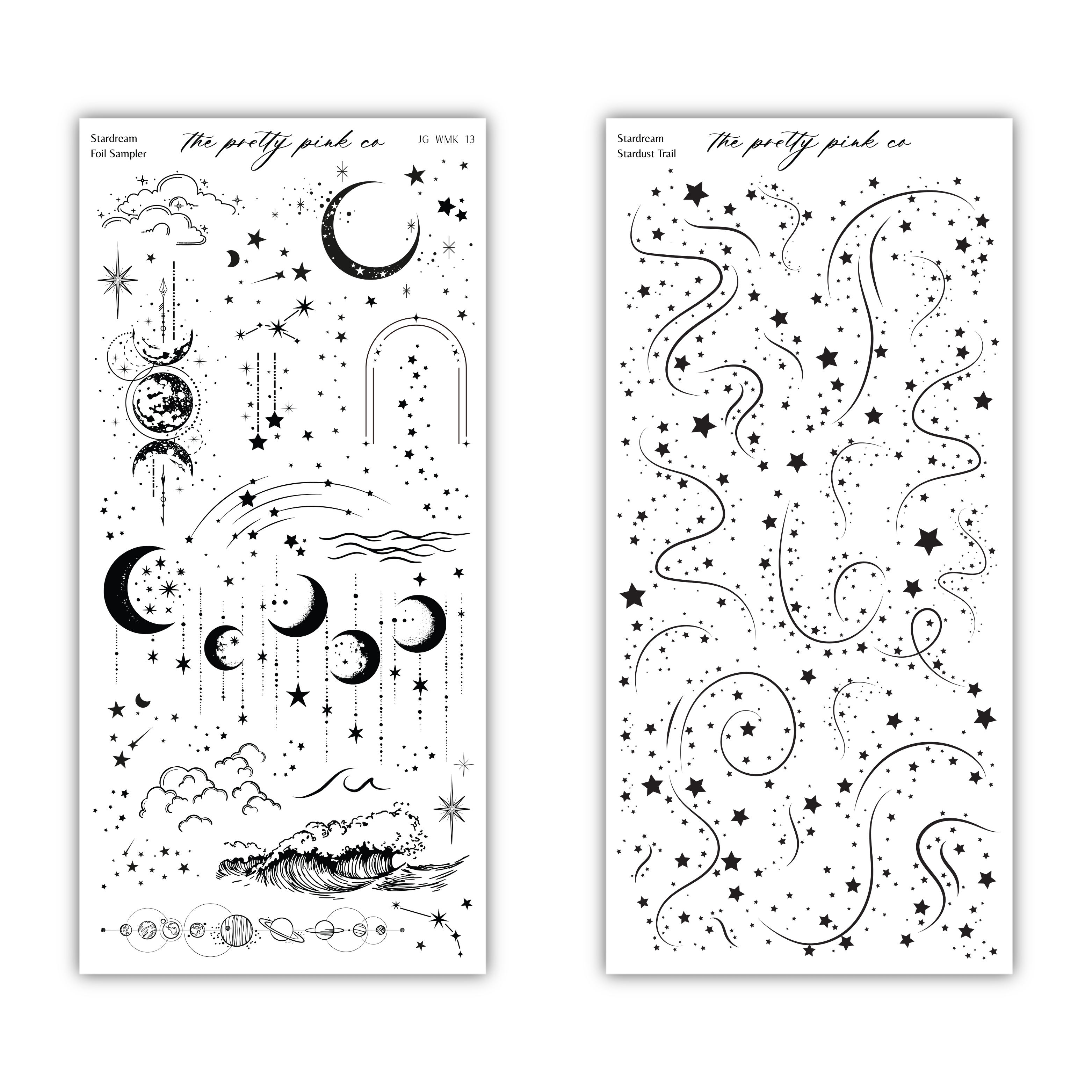 two black and white illustrations of various celestial and natural elements, including stars, crescent moons, and waves. The illustrations appear to be part of a larger collection or series, as they are described as a "collage of images" and "two pictures" without providing specific details about each individual image.