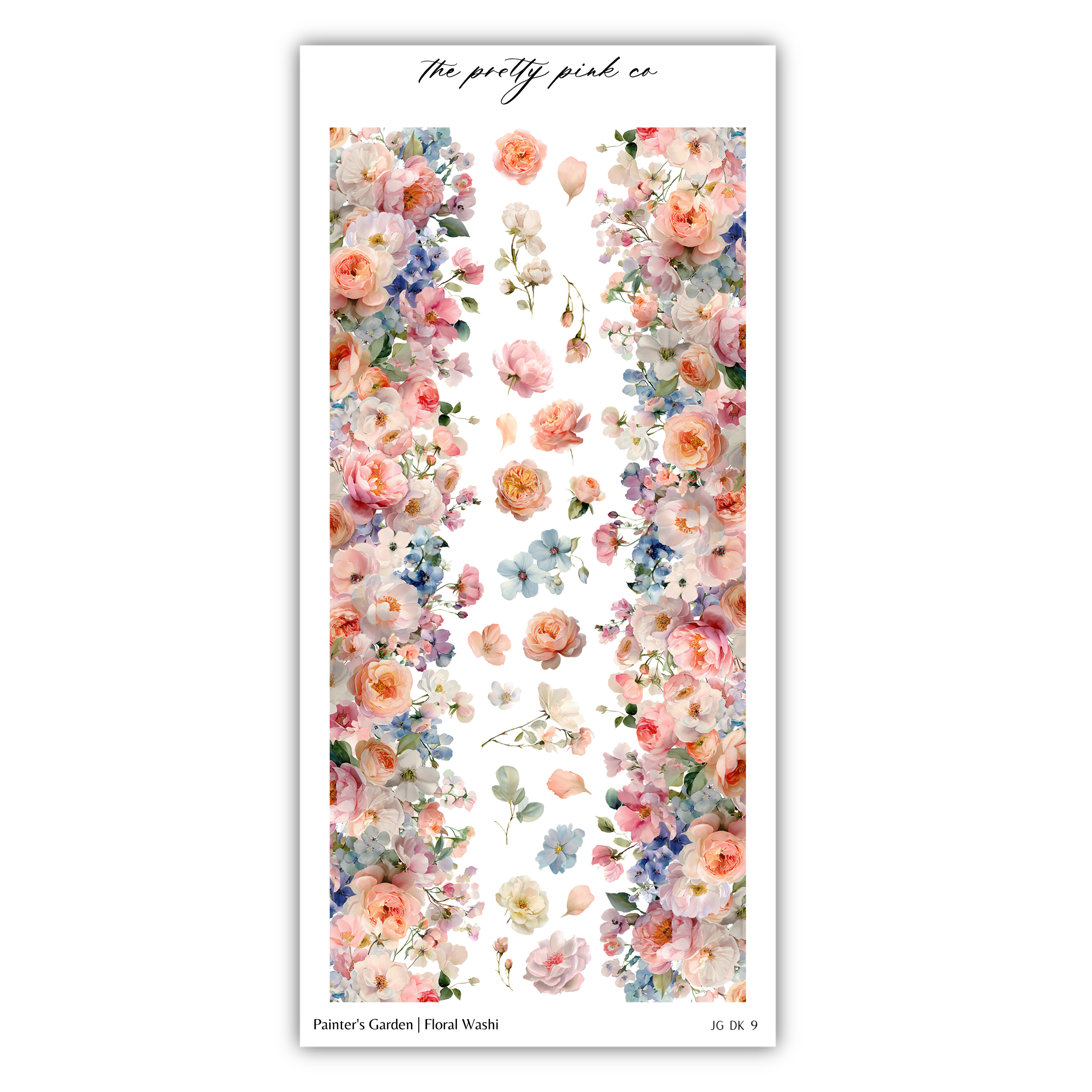 The image is a vertical arrangement of various colorful flowers, including roses, peonies, and other blooms, against a white background.
