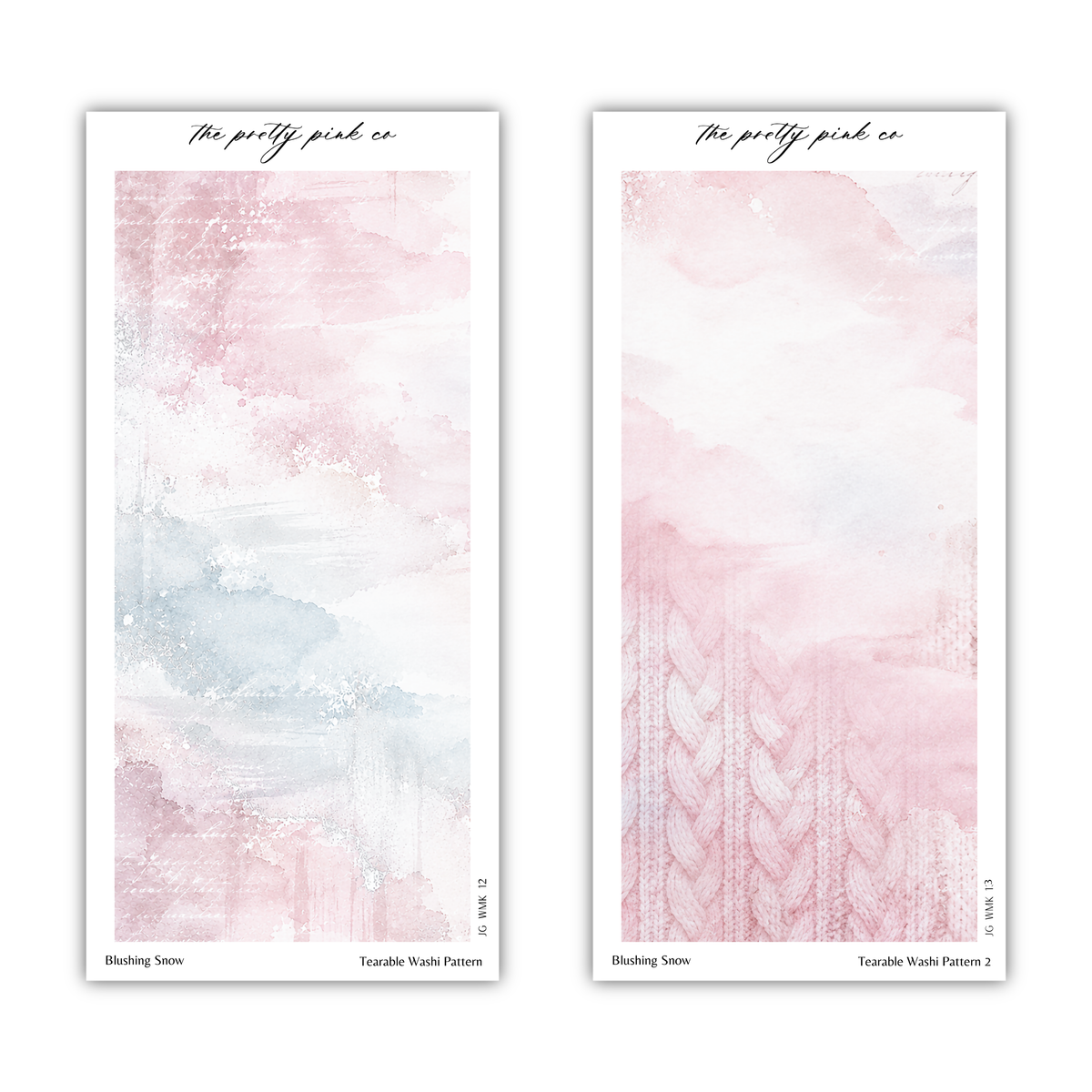 two abstract watercolor paintings with different textures and patterns. The paintings are titled "Blushing Snow" and "Terrable Wash Pattern 2" respectively.