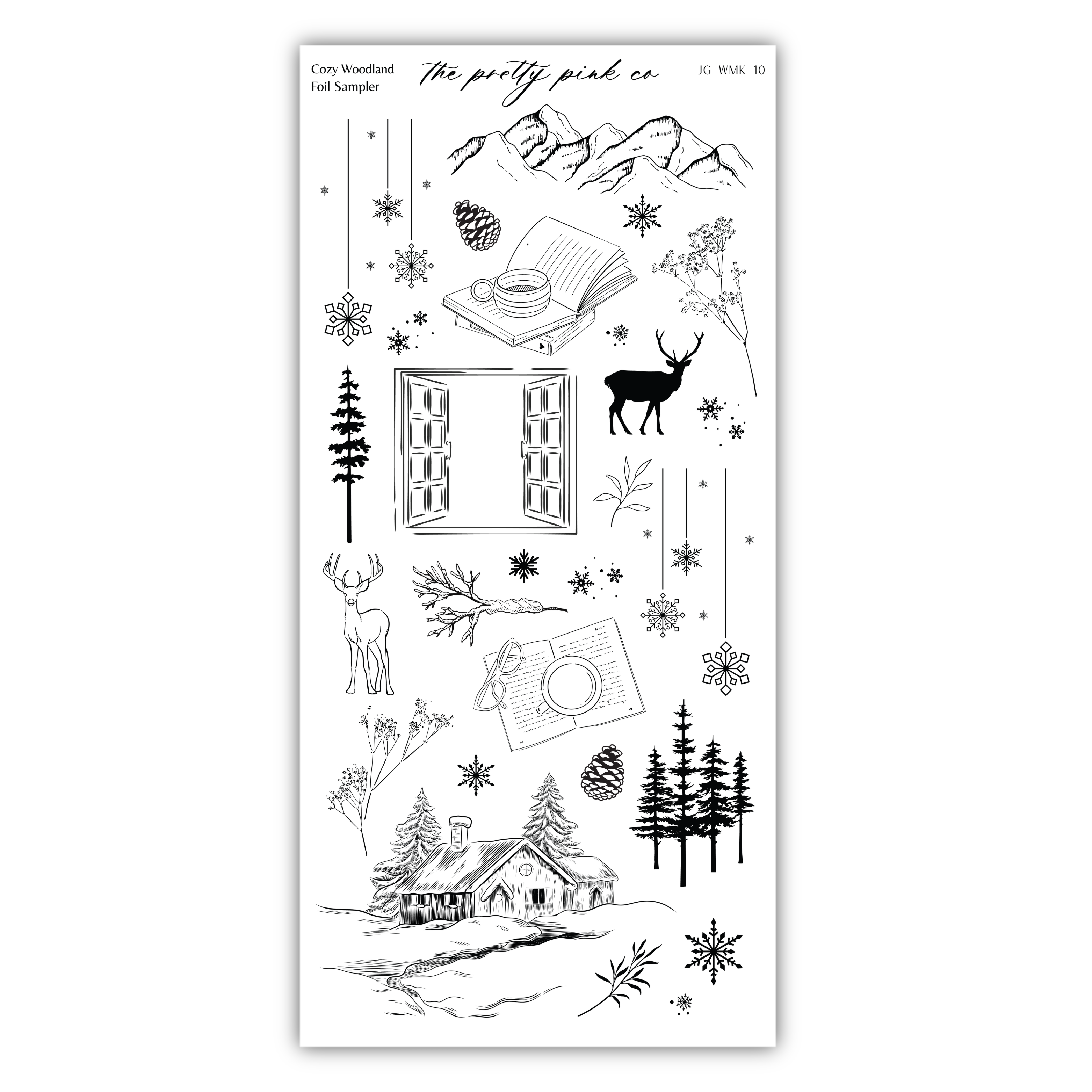 various winter-themed elements, including a cabin, snowflakes, pine trees, and a deer. The overall composition appears to be a collage of different images, with no specific focus on any particular element.