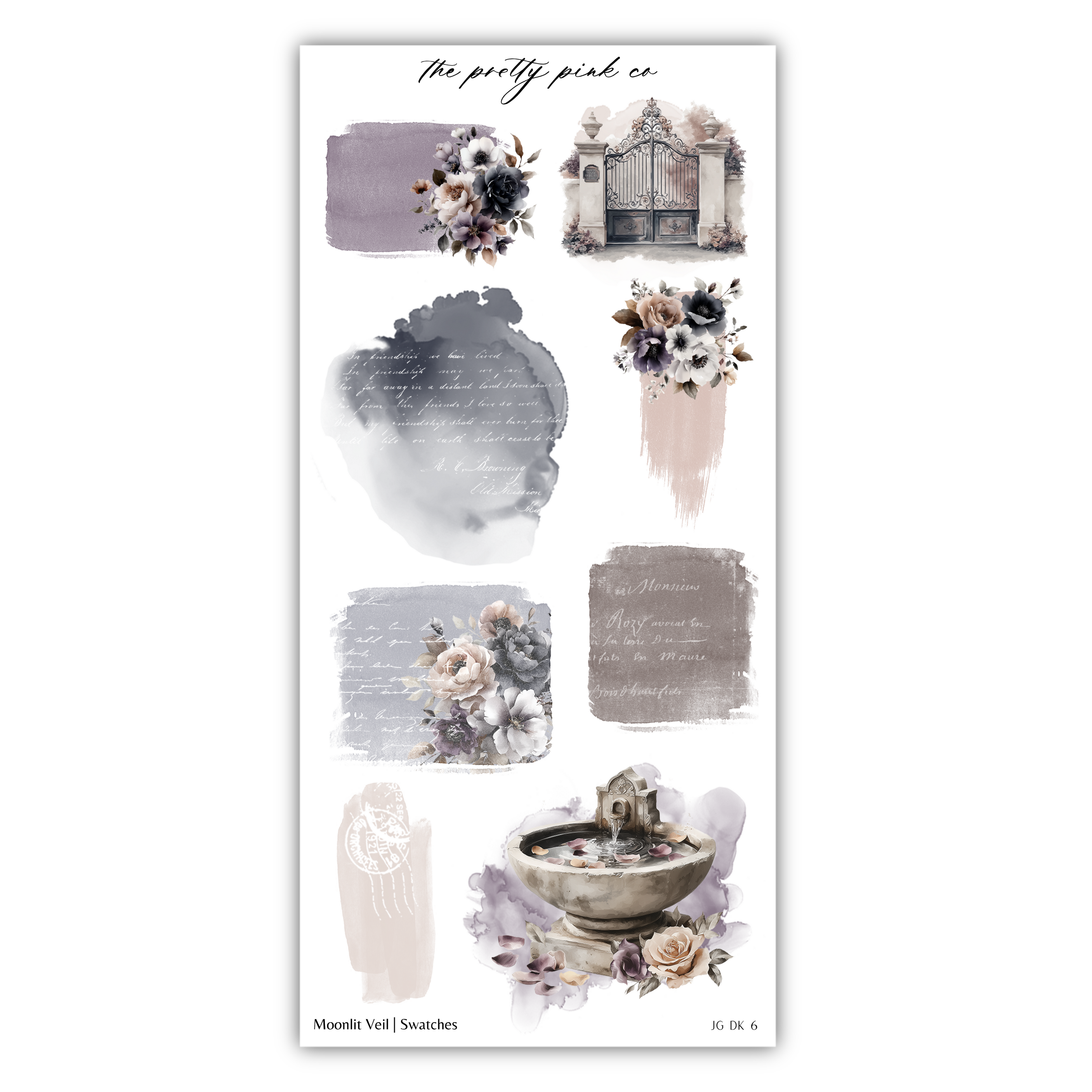 various artistic elements, including floral designs, a fountain, and a house, all rendered in a watercolor style.
