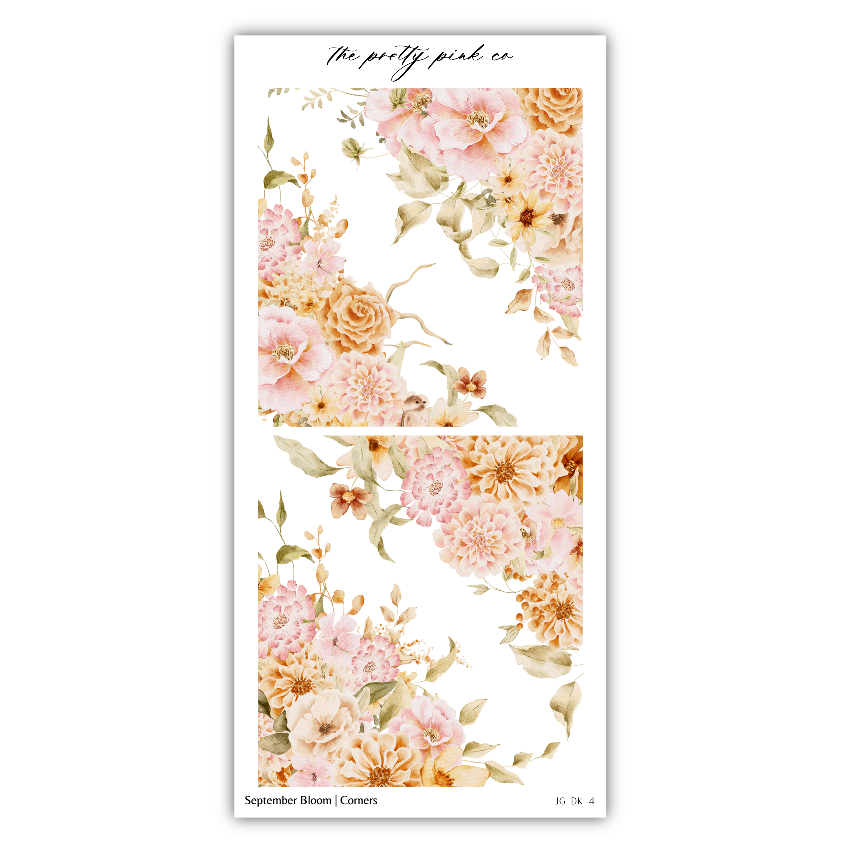 The image is a collage of two floral images, featuring a variety of flowers in shades of pink, orange, and yellow. The images are arranged in a vertical orientation, with the top image slightly overlapping the bottom one. The collage is titled "September Bloom | Corners" and includes the text "The pretty pink co" at the top.