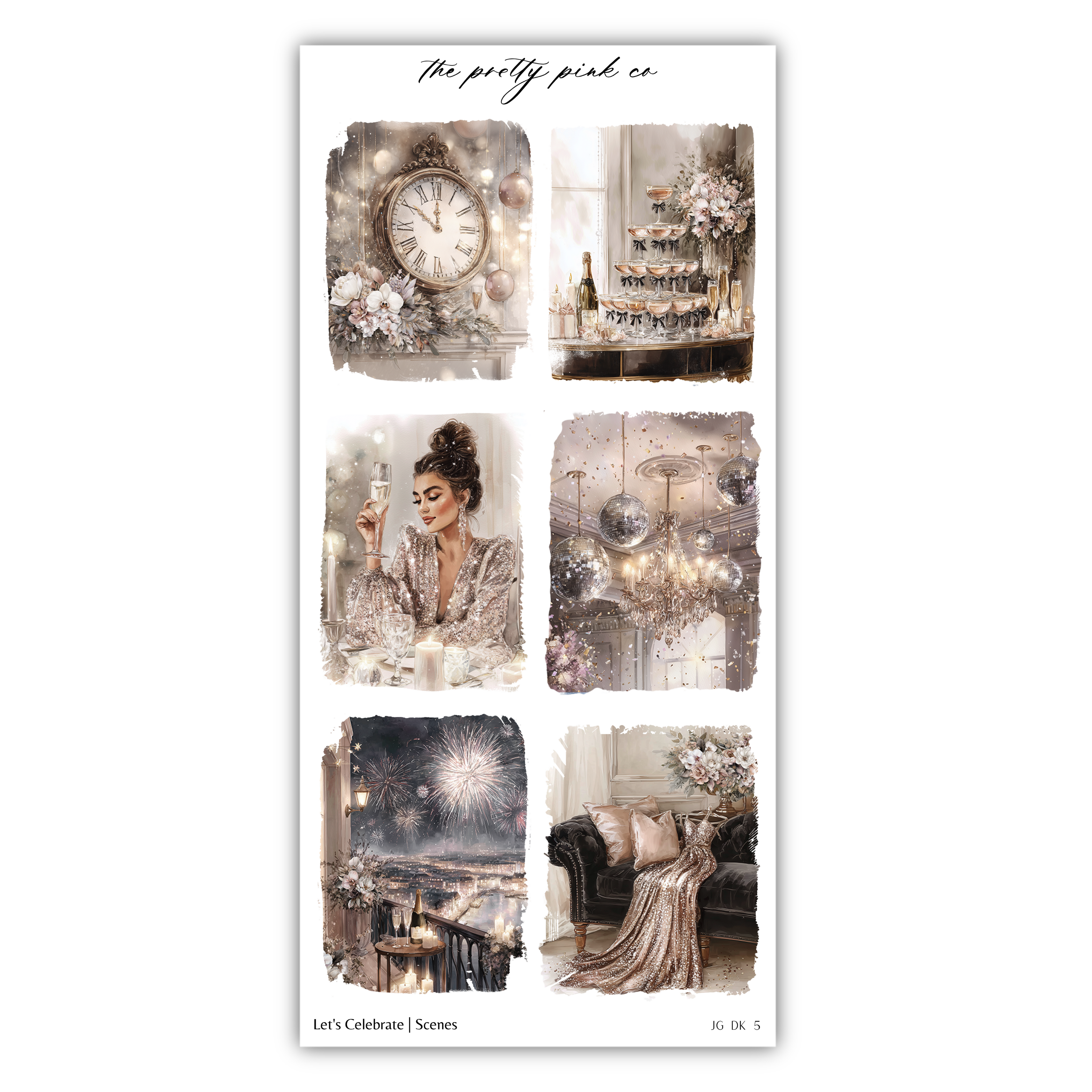 The image is a collage of six different scenes, each depicting a unique aspect of a celebration or event. The collage includes images of a clock, a woman holding a champagne glass, a champagne tower, a woman in a gown, a fireworks display, and a couch with a floral arrangement. The collage does not contain any redundancy or vague descriptions, and it focuses on capturing the essence of the celebration or event.