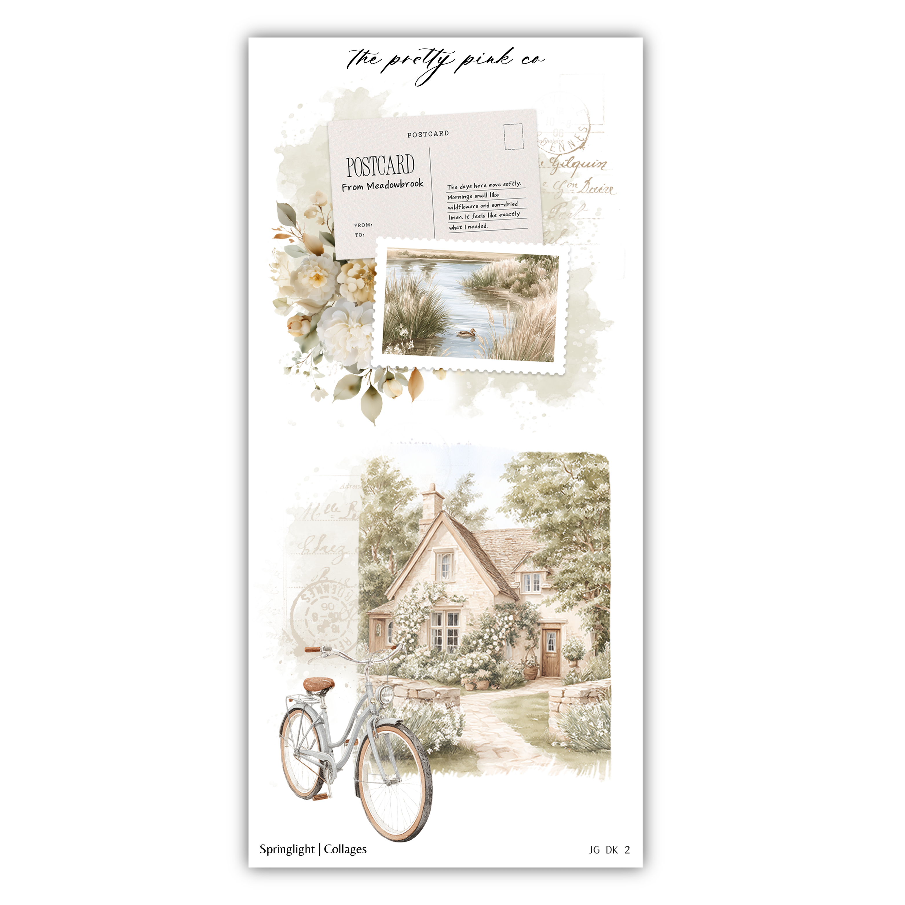 The image is a collage featuring a bicycle, a house, and a postcard. The collage includes a postcard from Meadowbrook, a house with a garden, and a bicycle. The image is a collage of multiple images, and the text does not include any specific phrases or descriptions.