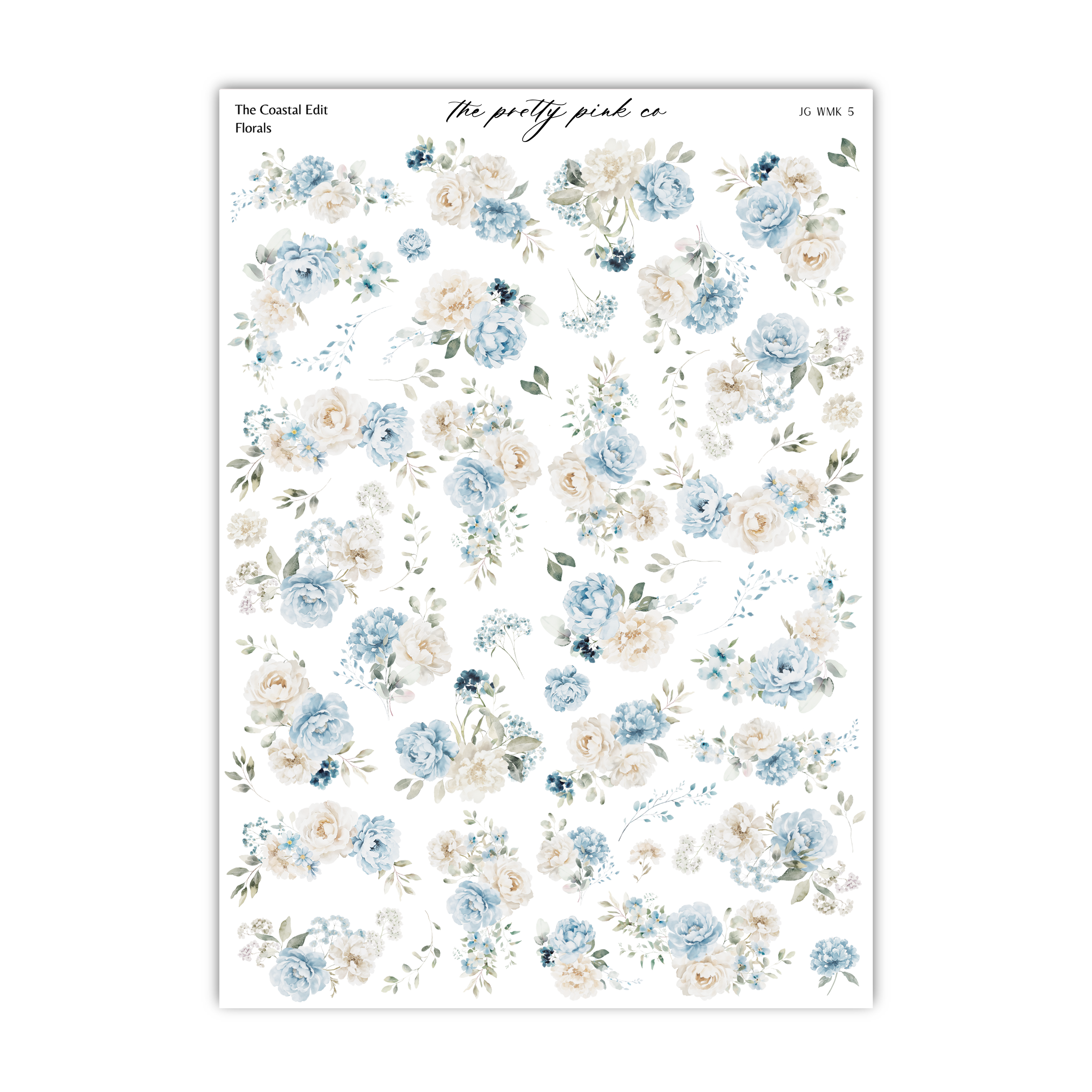 The image is a collage of various floral patterns in shades of blue and white, including roses, peonies, and other flowers.