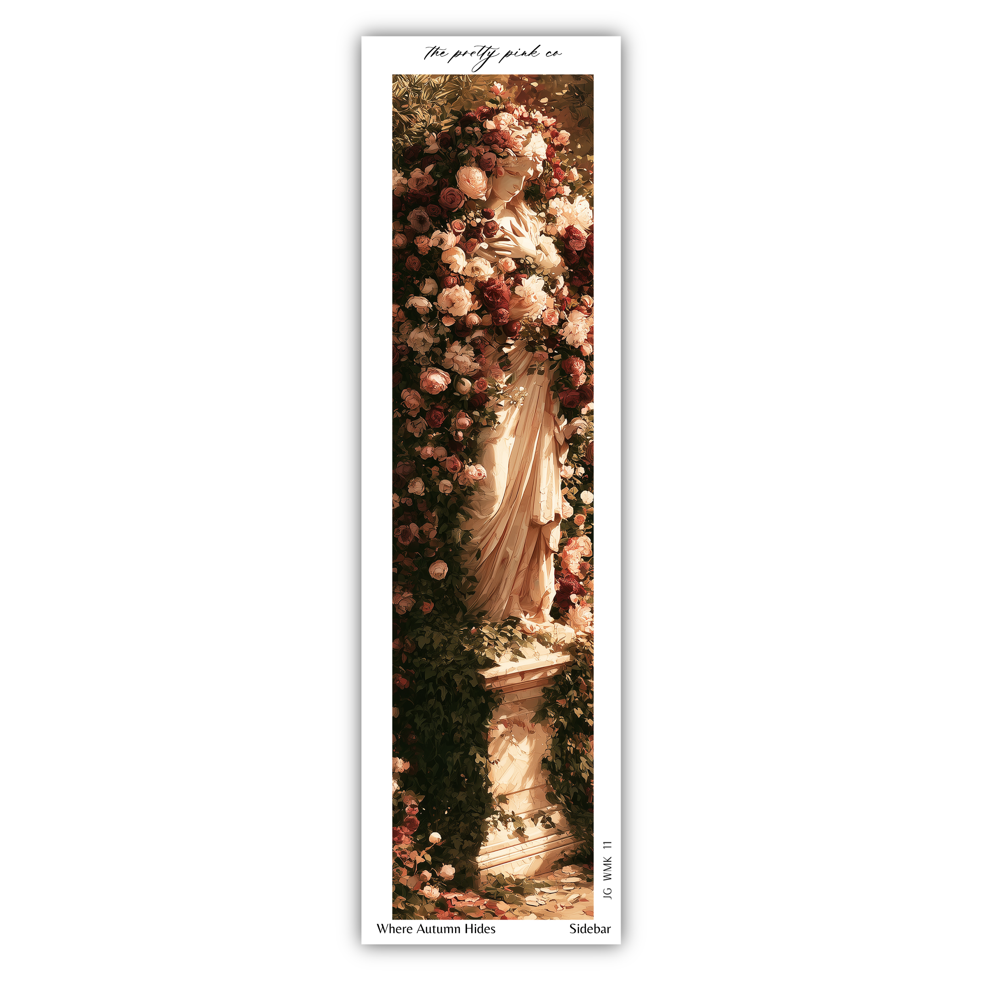 A tall, narrow, framed image depicting a statue surrounded by a lush, colorful floral arrangement.