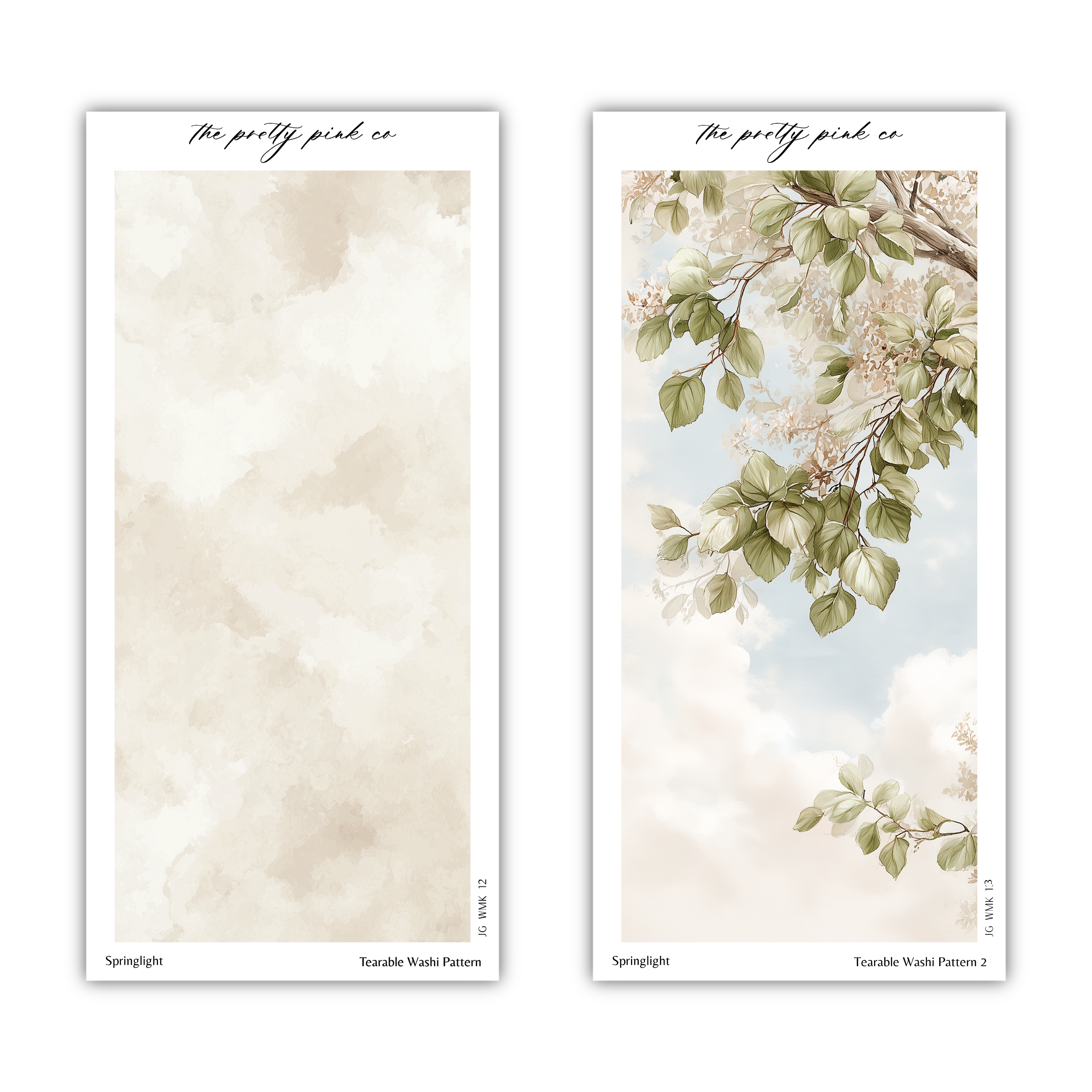 two identical pictures of a tree branch with green leaves against a cloudy sky background. The text above the images reads "The pretty pink co" and "Springlight" and "Tearsafe Wash Pattern 2".
