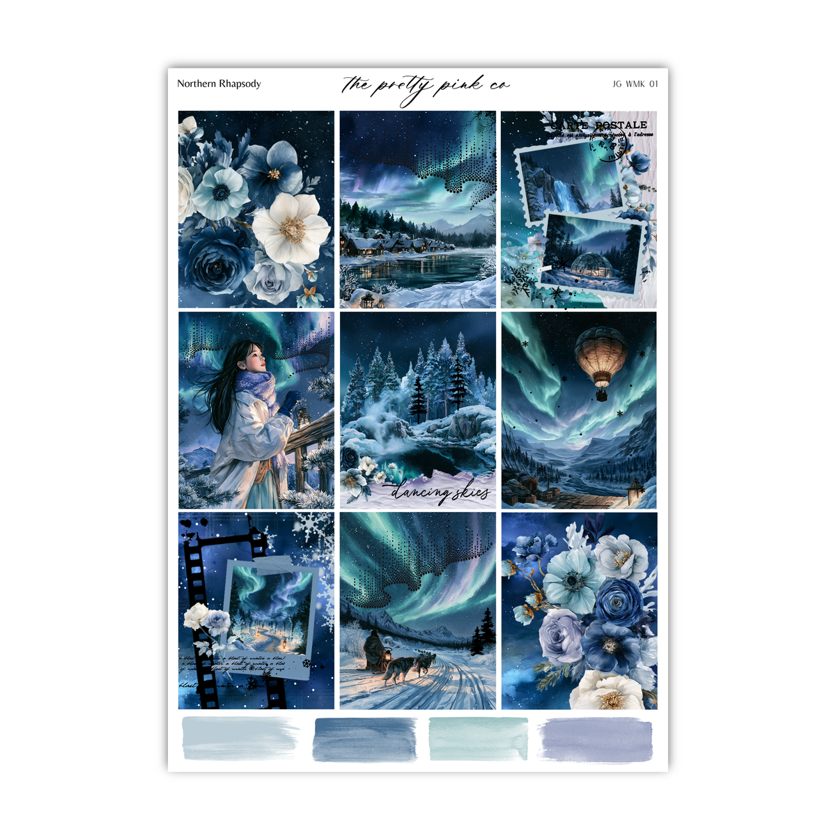 The image is a collage of nine pictures depicting various winter landscapes, including snowy mountains, frozen lakes, and colorful flowers.