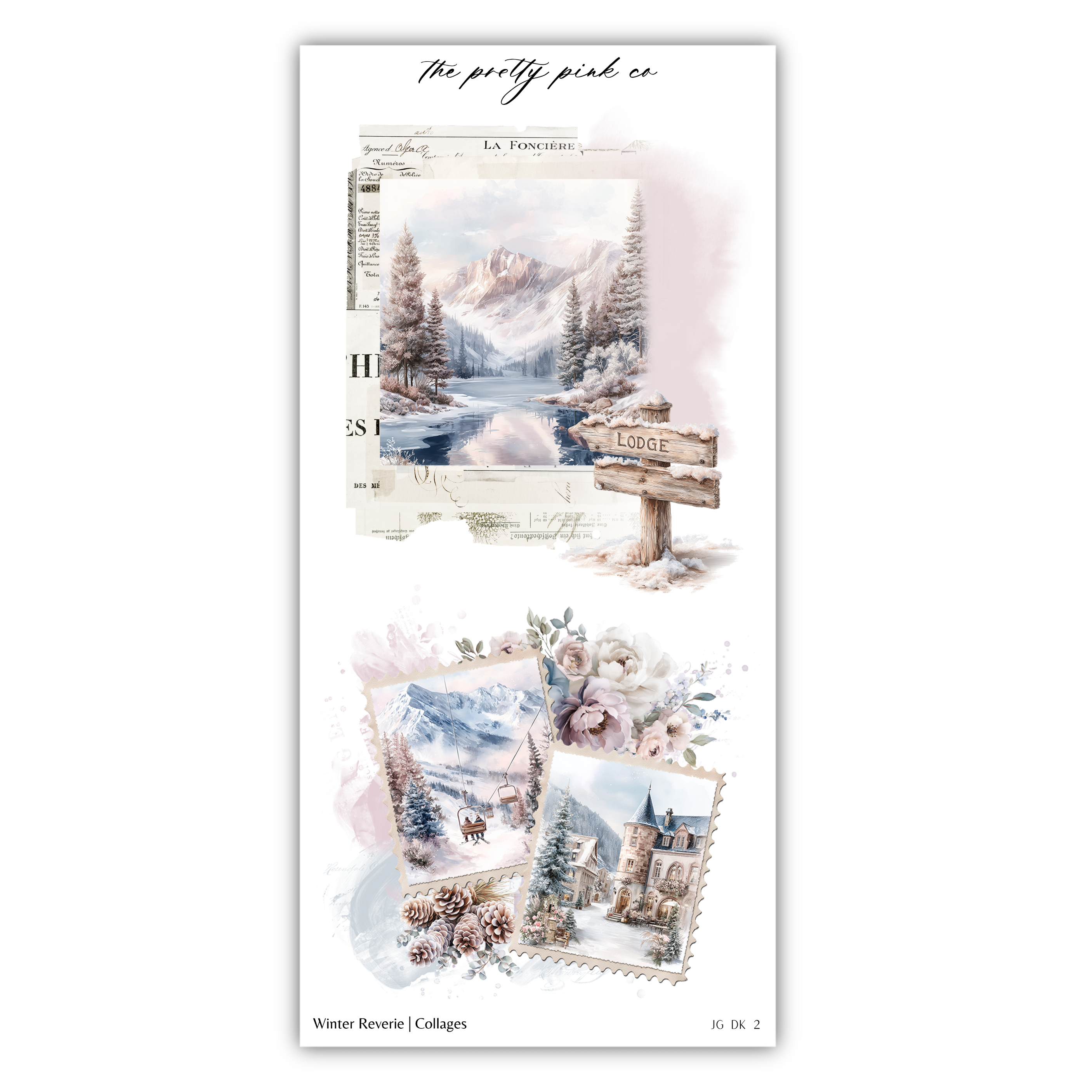 The image is a collage of various winter-themed images, including a snowy mountain landscape, a wooden sign, and a castle.
