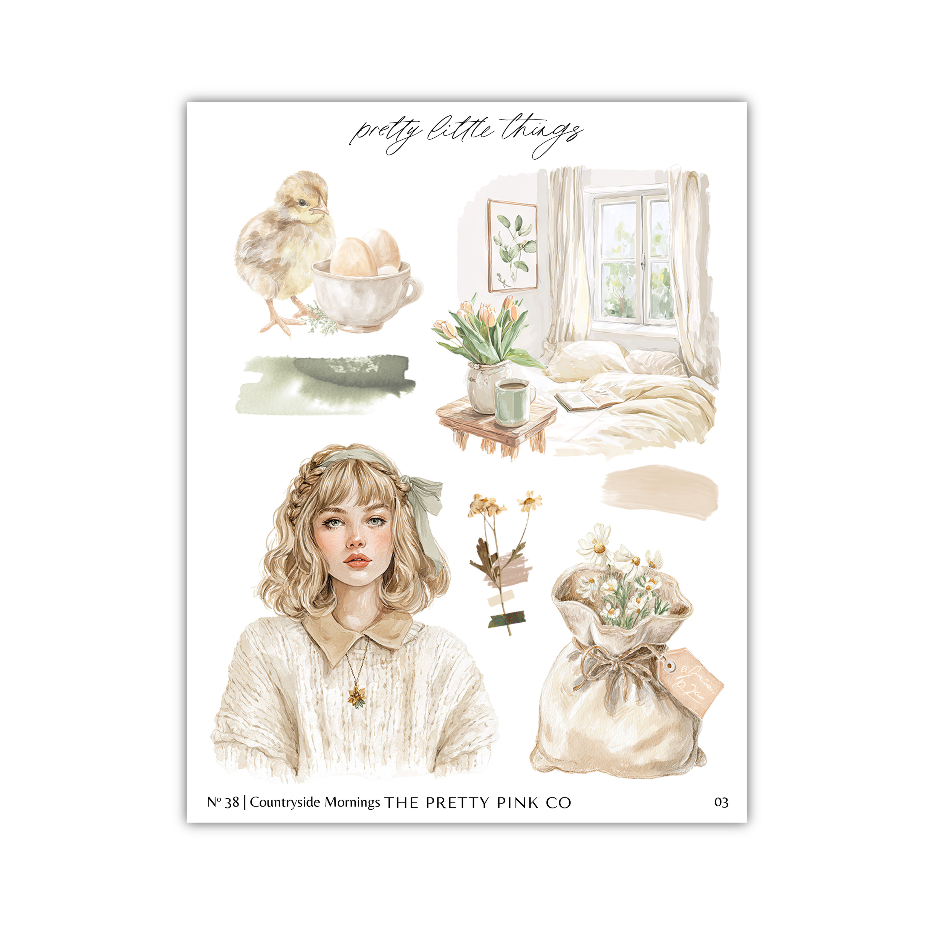 The image is a collage of various illustrations and objects, including a young woman, a bird, flowers, a vase, and a bag.