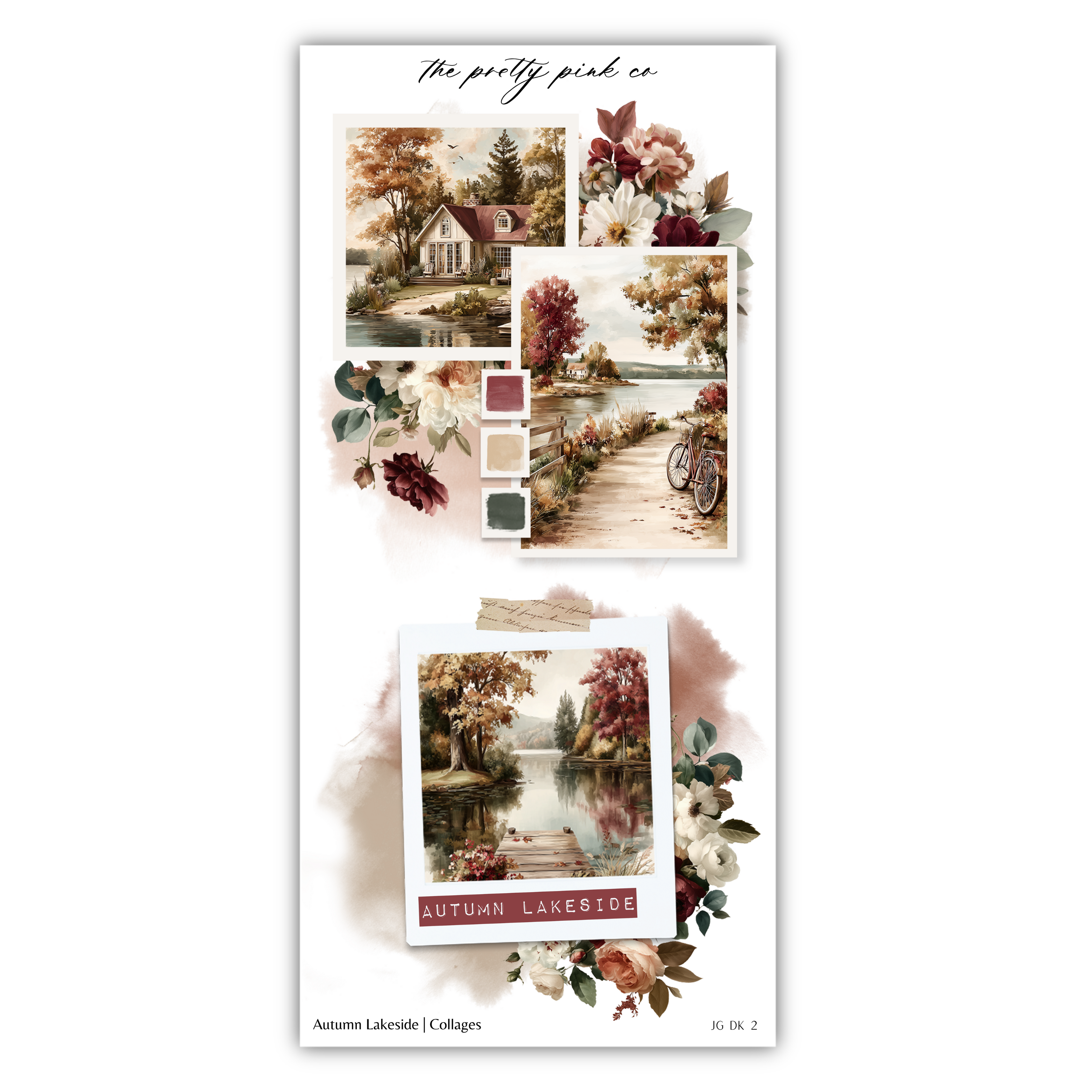 The image is a collage of various autumn-themed pictures, including a scenic landscape, a bicycle, and a pond. The collage is titled "Autumn Lakeside Collages" and includes a small photograph of a lake surrounded by trees and foliage.