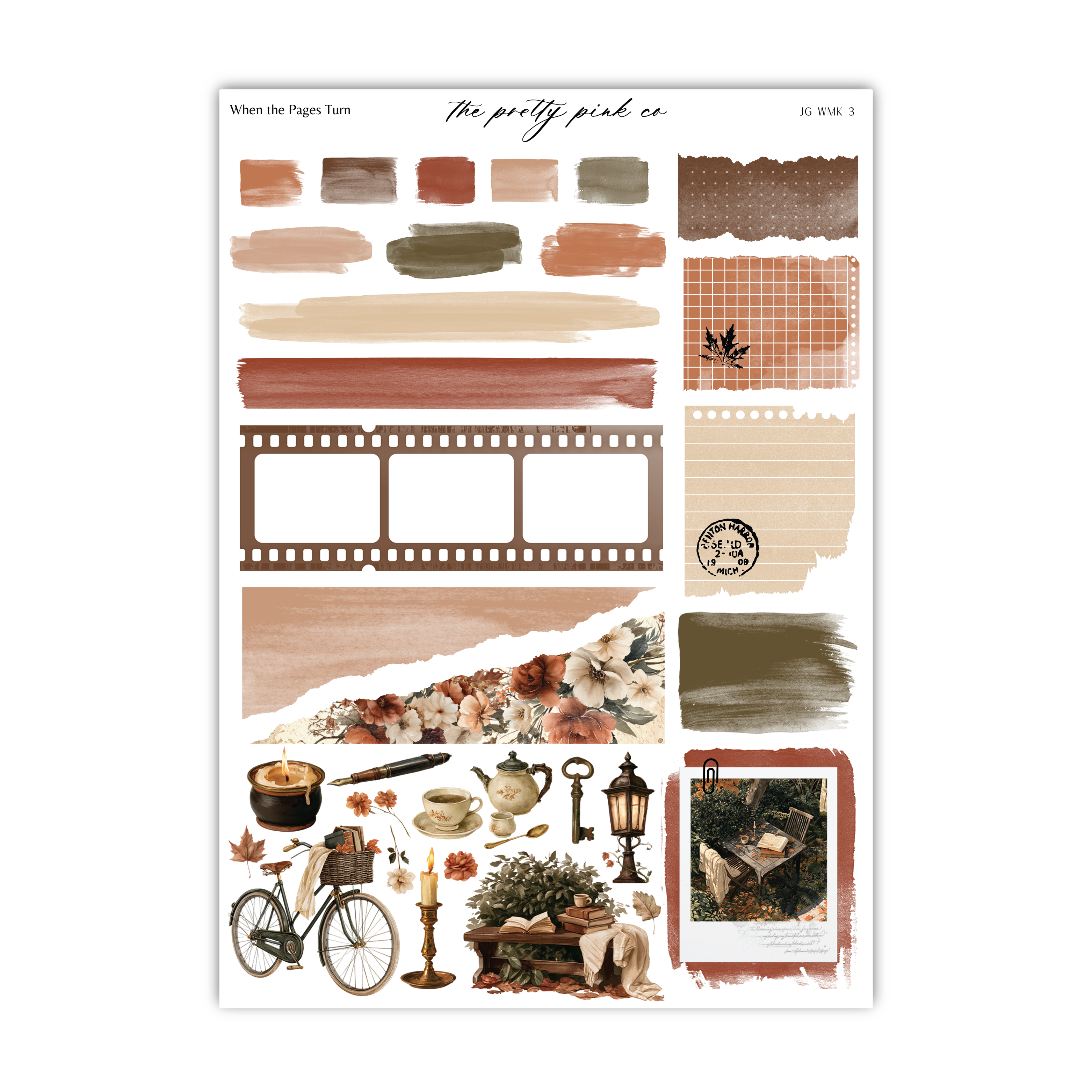 The image is a collage of various elements, including a bicycle, a teapot, a candle, a key, a lantern, and a book, all set against a backdrop of different textures and patterns. The collage appears to be a collection of diverse objects and scenes, possibly intended for use in a scrapbook or other creative project.