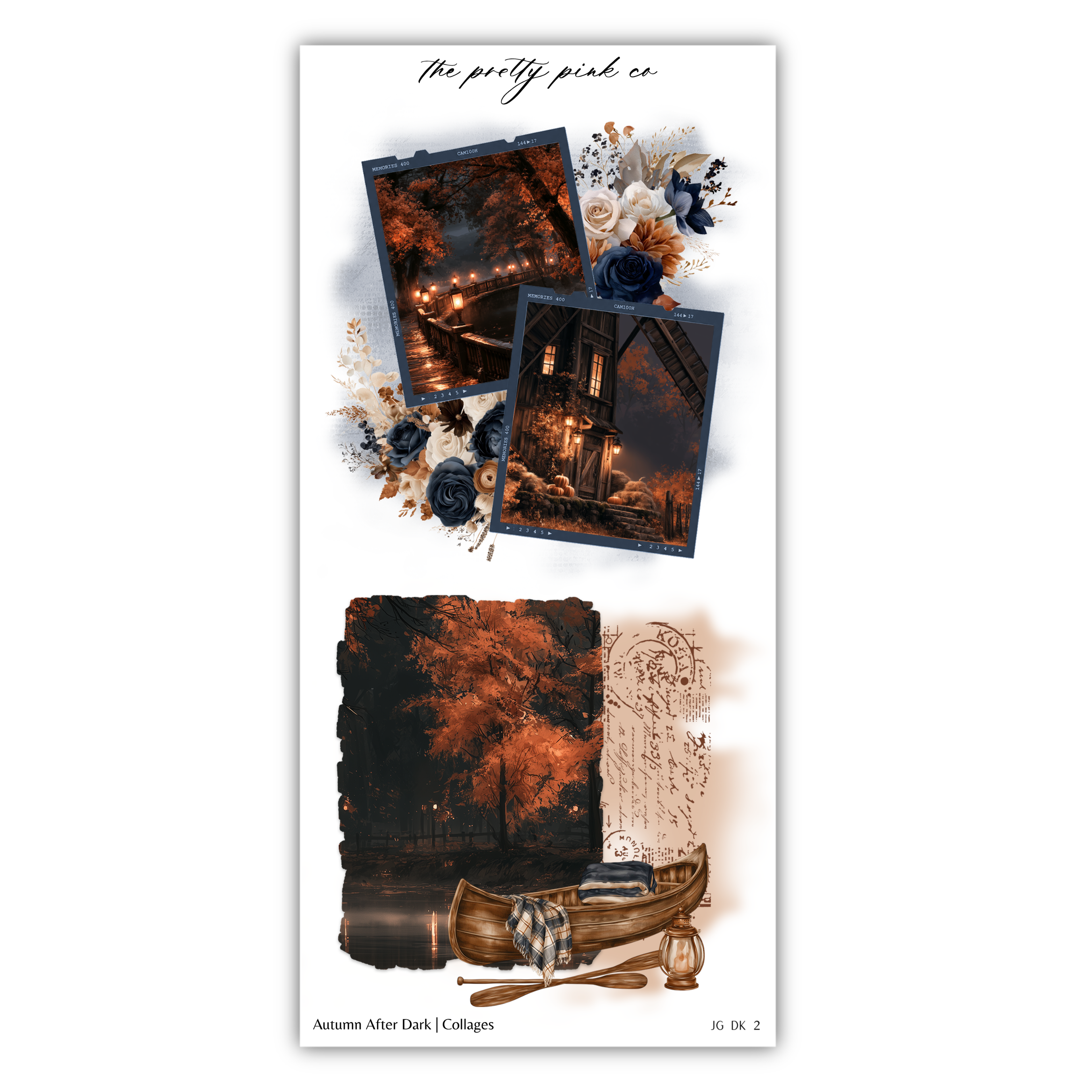 The image is a collage of three photographs depicting autumn scenes, including a boat, flowers, and a building.