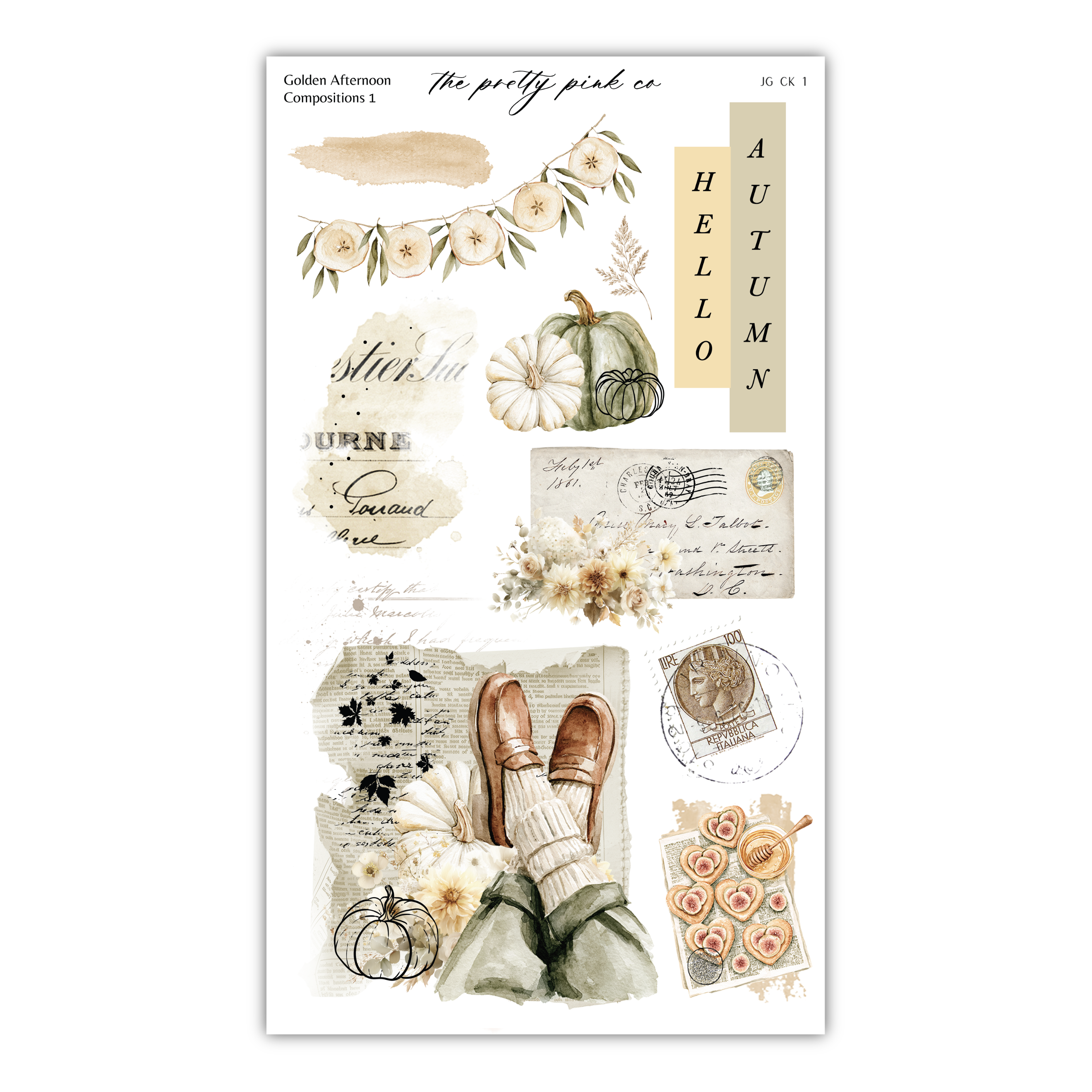 The image is a collage of various autumn-themed elements, including pumpkins, flowers, and a pair of shoes.