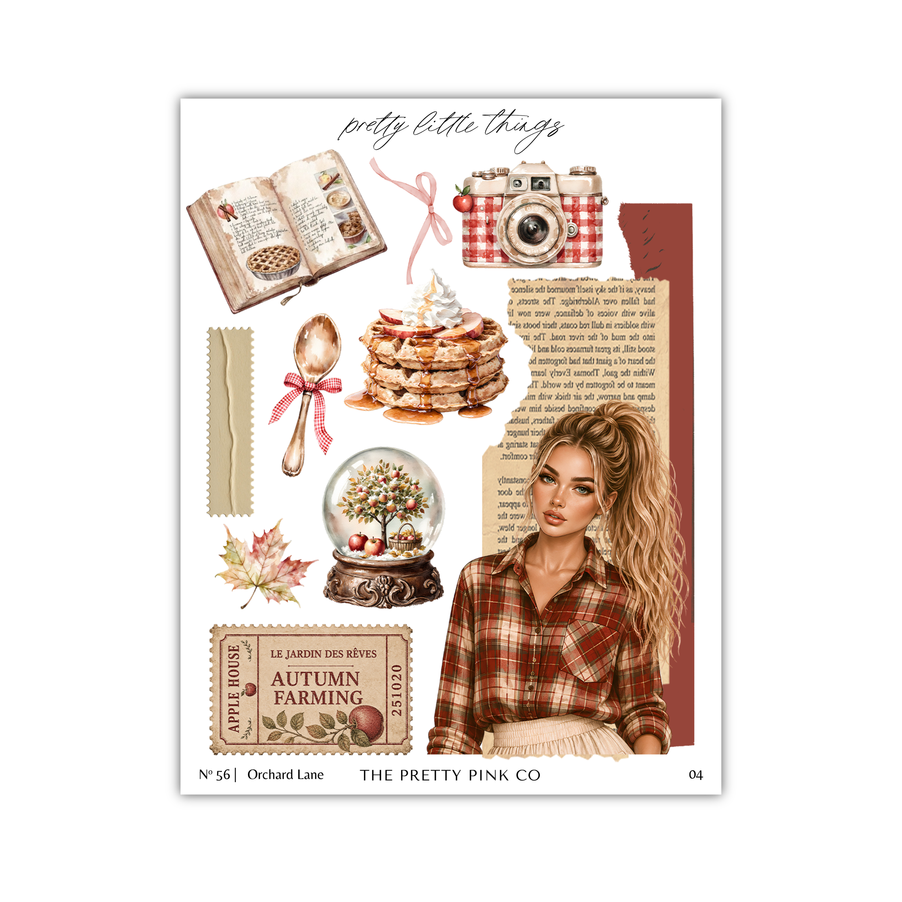 The image is a collage of various autumn-themed items, including a book, a camera, a snow globe, a woman, and other seasonal objects.