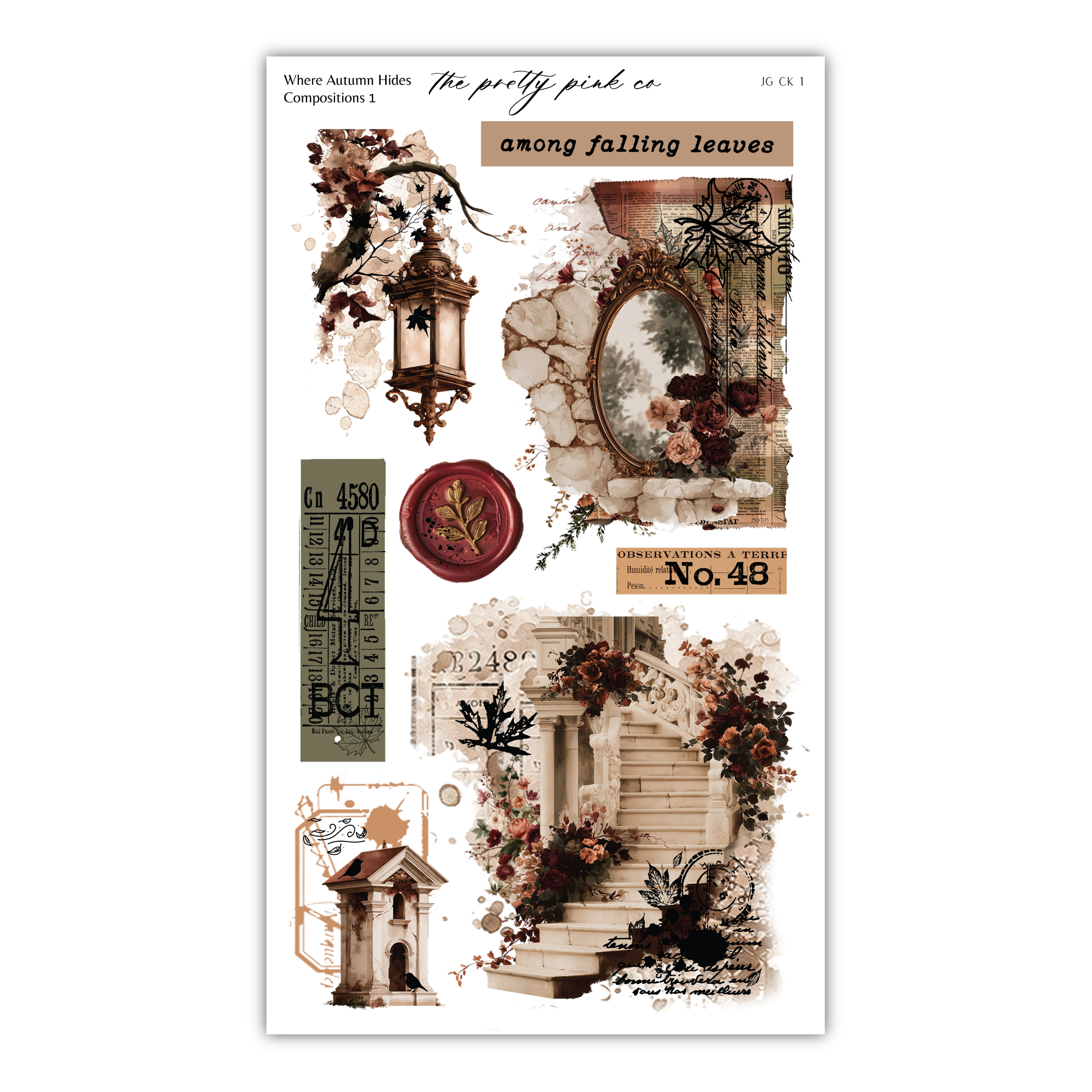 The image is a collage of various vintage-style photographs and illustrations, including a lantern, a mirror, a staircase, and floral elements. The collage appears to be a collection of different scenes and objects, rather than a single image.