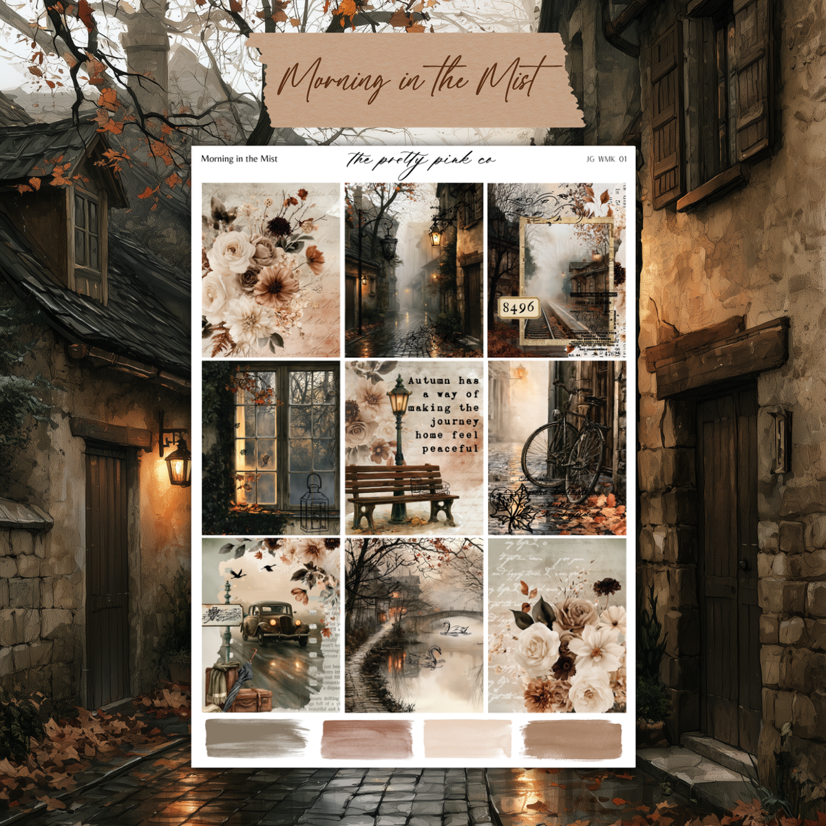 The image is a collage of various autumn-themed scenes, including a street scene, a park bench, a bicycle, and a tree with fall foliage. The collage is titled "Morning in the Mist" and is part of the "The pretty pink co" series.