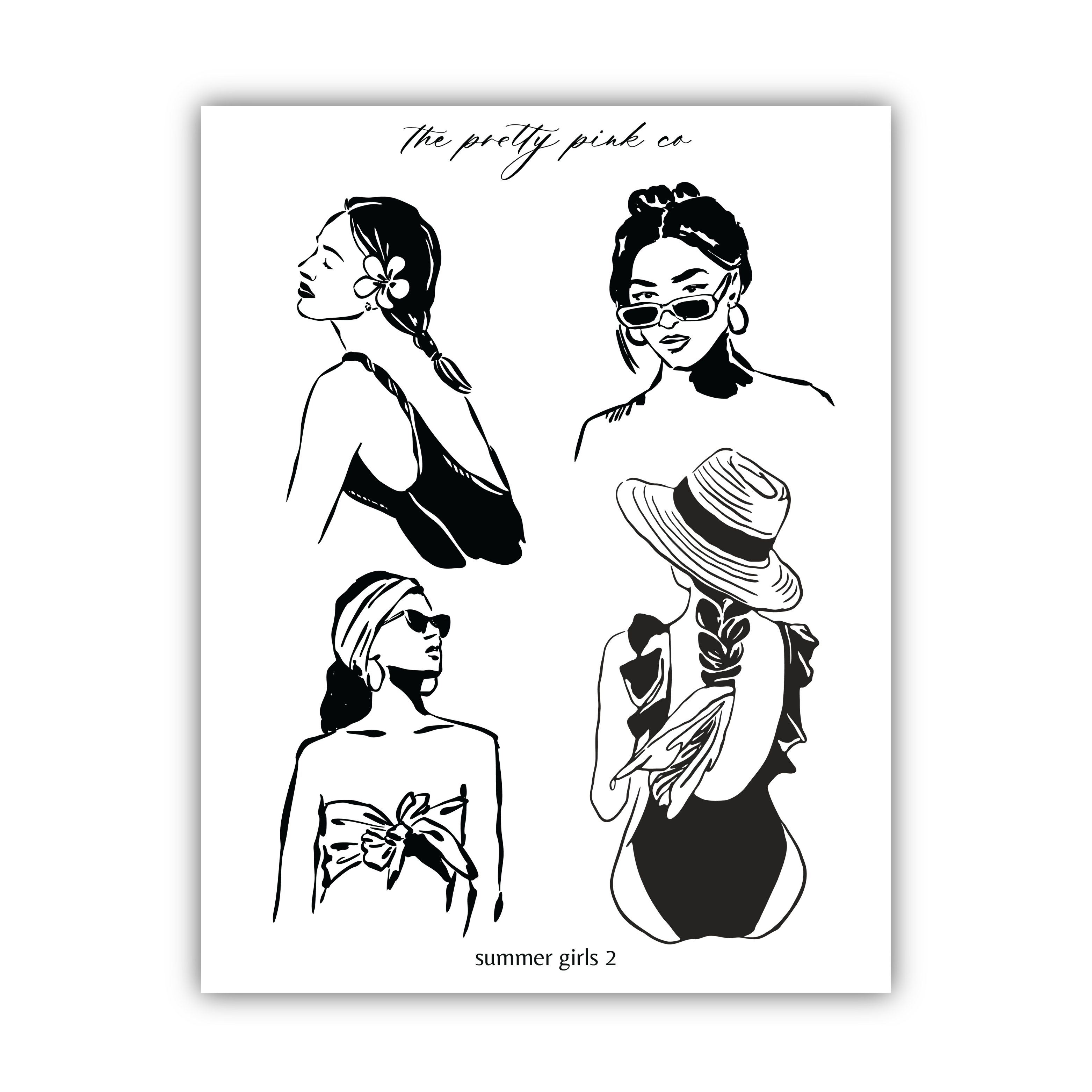 four black and white illustrations of women, each depicting a different style or pose. The illustrations include a woman with a braided hairstyle, a woman wearing sunglasses, a woman with a wide-brimmed hat, and a woman wearing a swimsuit. The image is a collage of these four illustrations, and the text "summer girls 2" is written at the bottom.