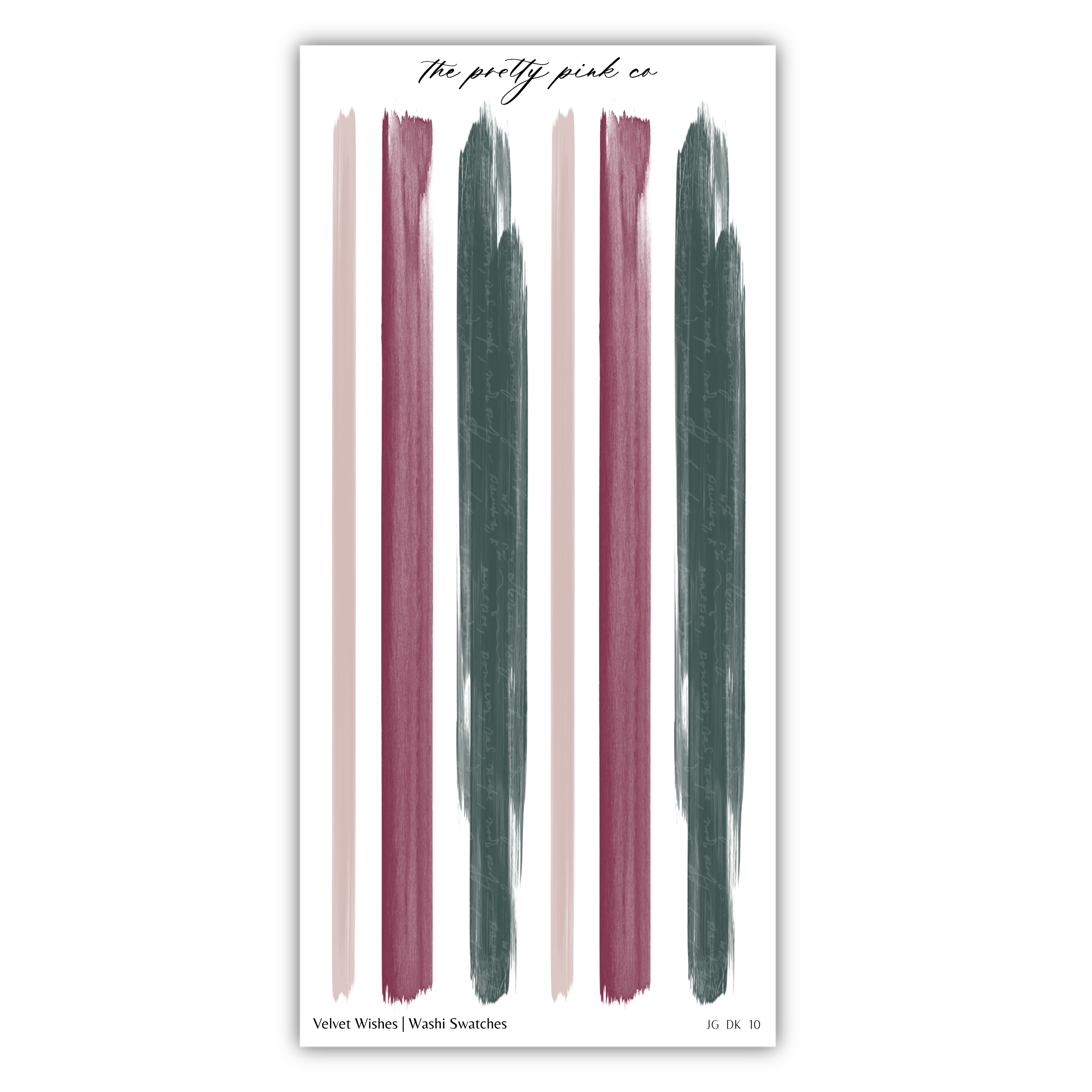 The image is a collage of abstract brushstrokes in various colors, including pink, green, and purple, arranged in a vertical line.