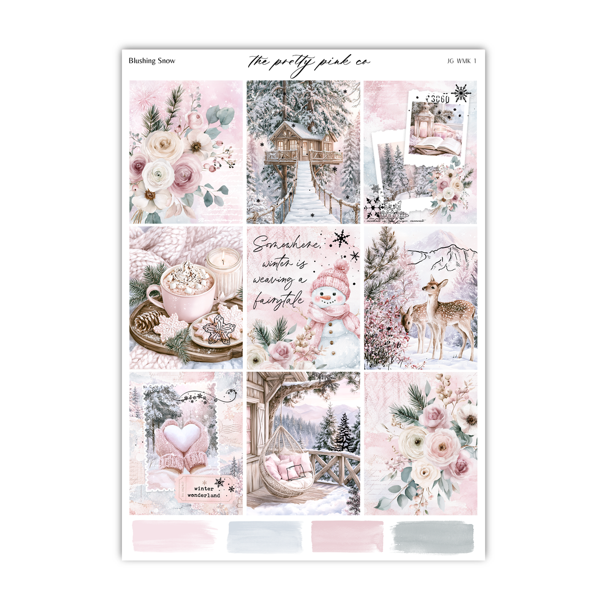 The image is a collage of various winter-themed images, including a snowy landscape, a cabin, a snowman, a deer, flowers, and a heart.