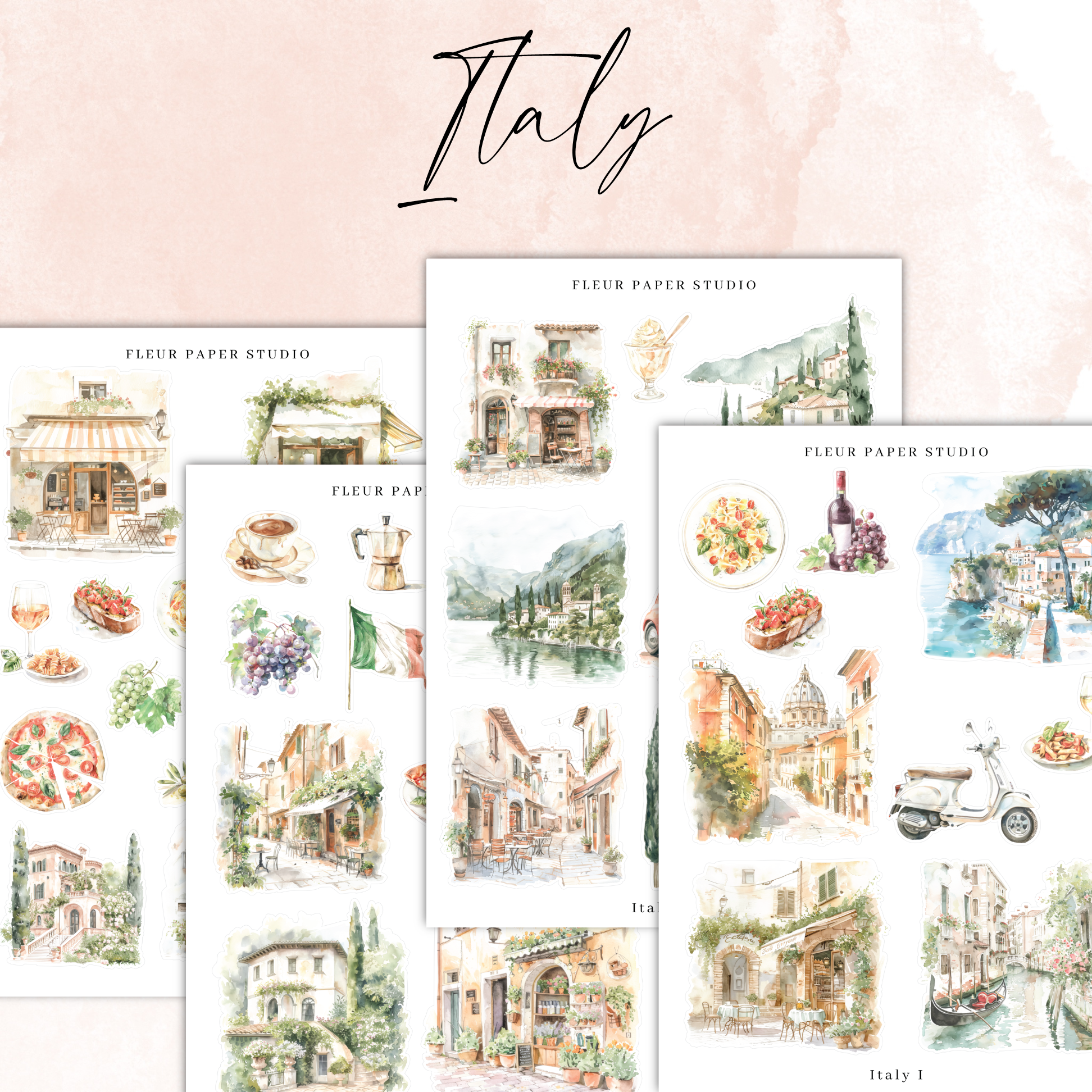 a set of four watercolor postcards with a pink background