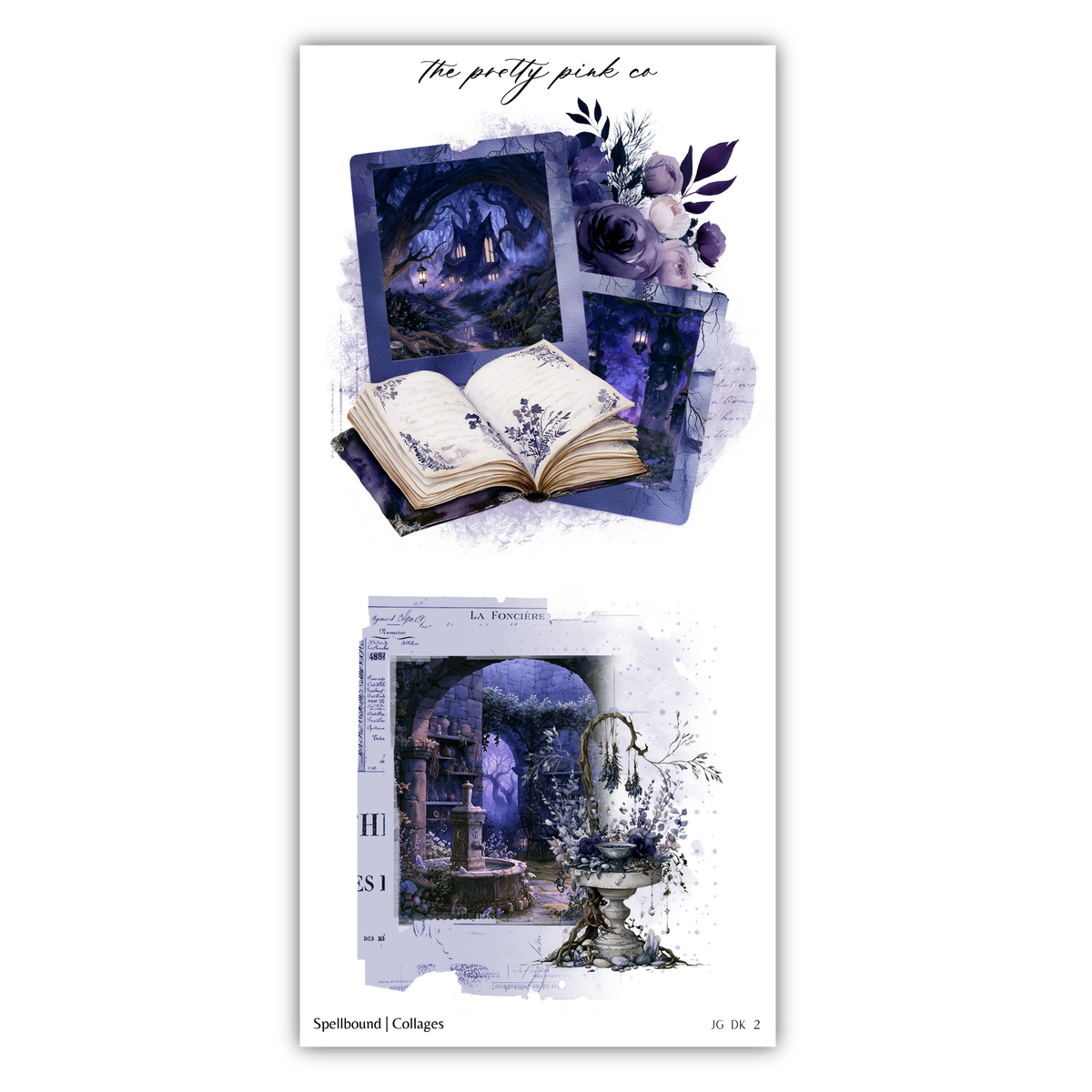 The image is a collage featuring various artistic elements, including a book, a floral arrangement, and a fountain. The collage is titled "The pretty pink co" and includes the text "Spillboard | Collages" at the bottom.