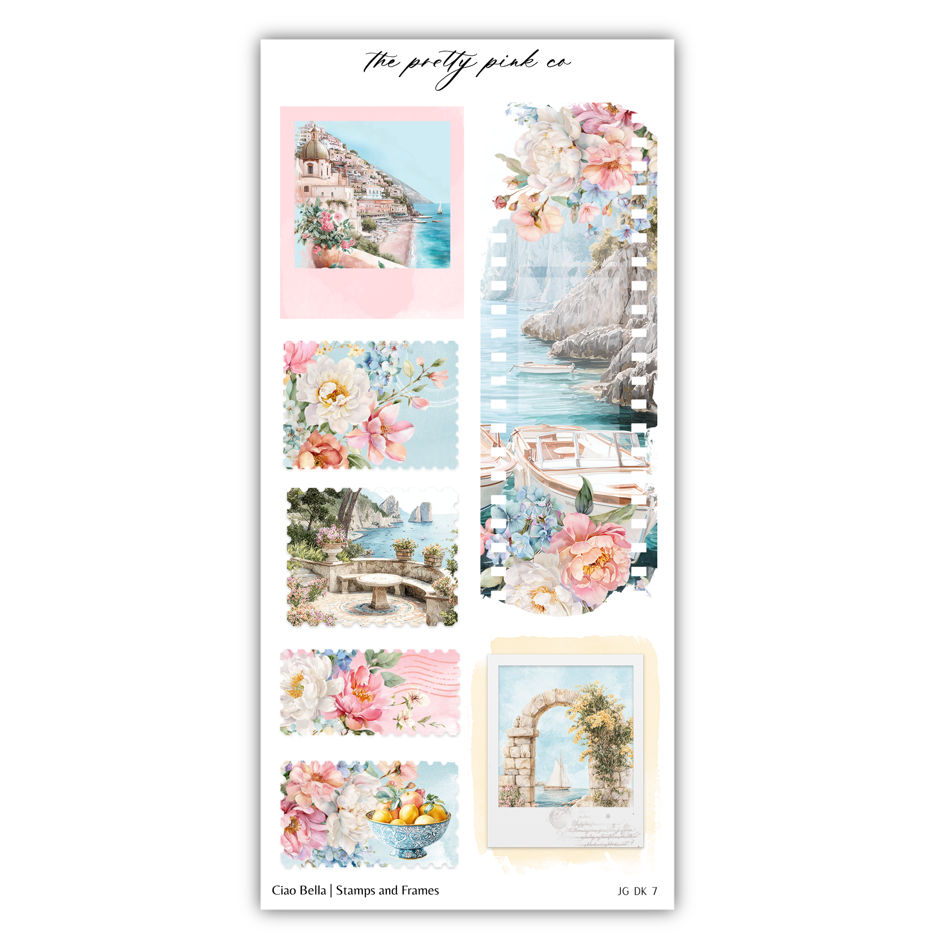 a collage of various floral and architectural images, including a picturesque coastal scene, a garden, and a building with a balcony. The collage is organized into several frames, each showcasing different elements of the floral and architectural themes. The image does not contain any text, and the focus is on the visual elements and their arrangement within the frames.