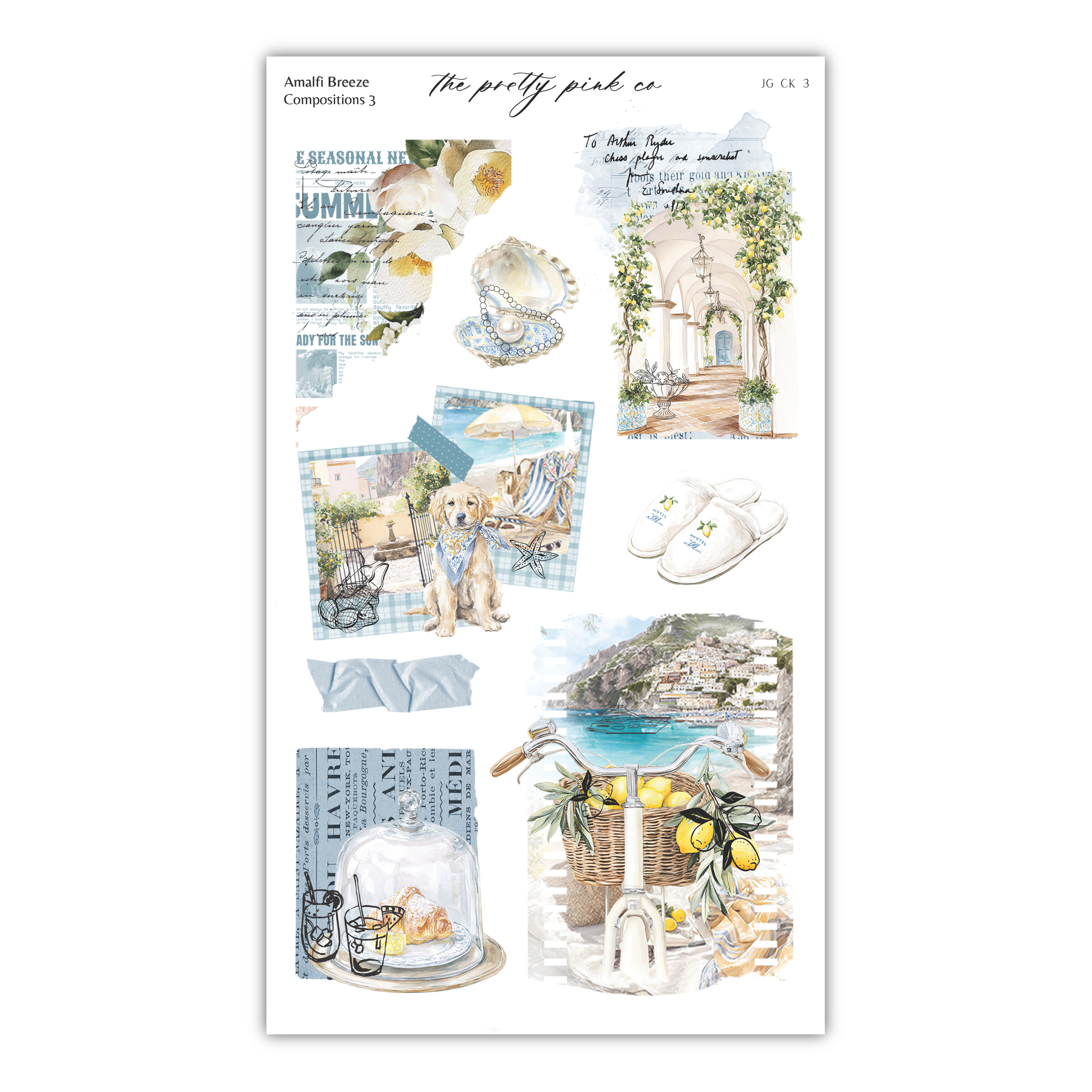 The image is a collage of various artistic and decorative elements, including illustrations of flowers, a coastal scene, and other objects such as a teapot, a bicycle, and a teapot.