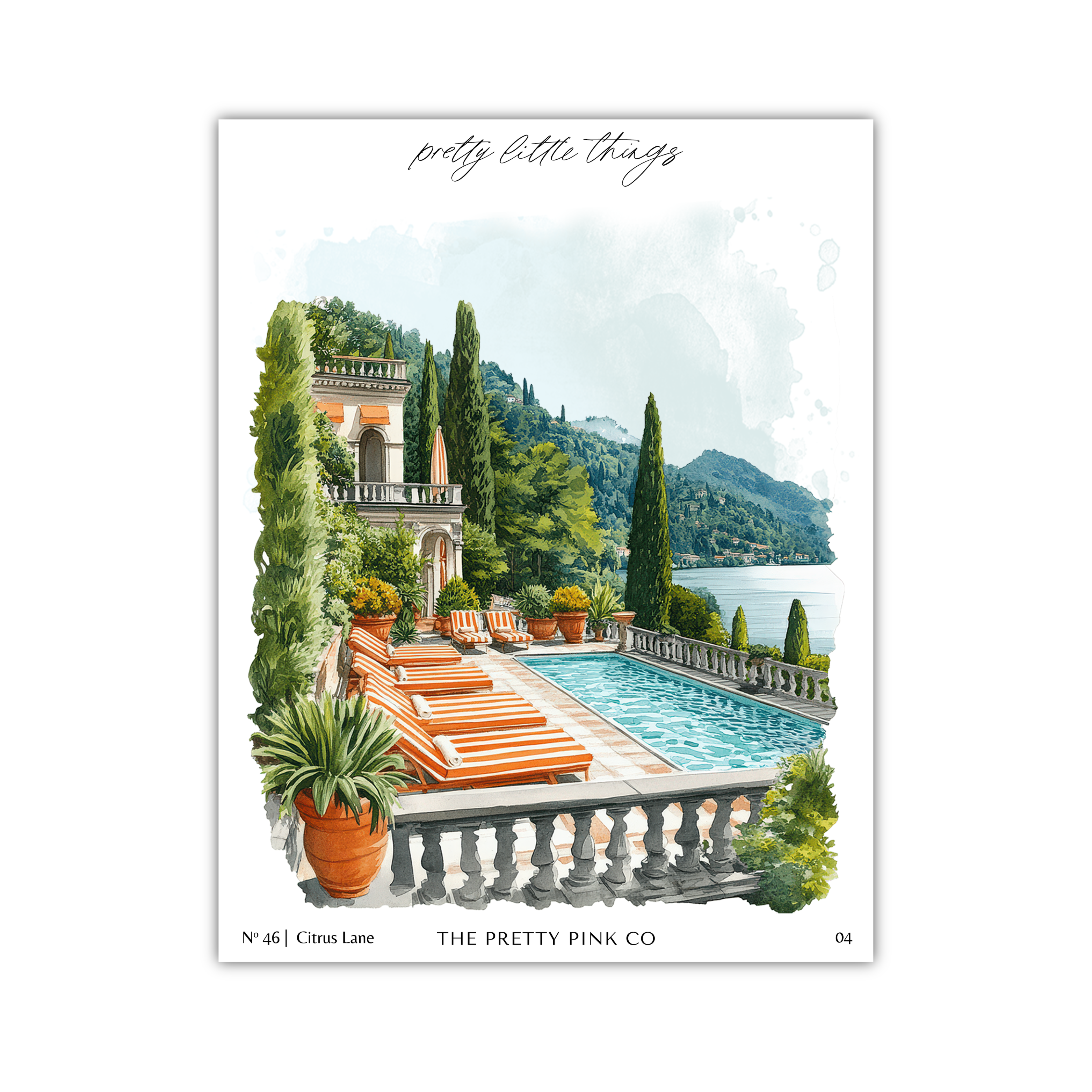a luxurious outdoor pool area with a large, inviting pool surrounded by lush greenery, including trees and potted plants. The pool is adorned with orange lounge chairs, and the scene is set against a picturesque backdrop of mountains and a lake.