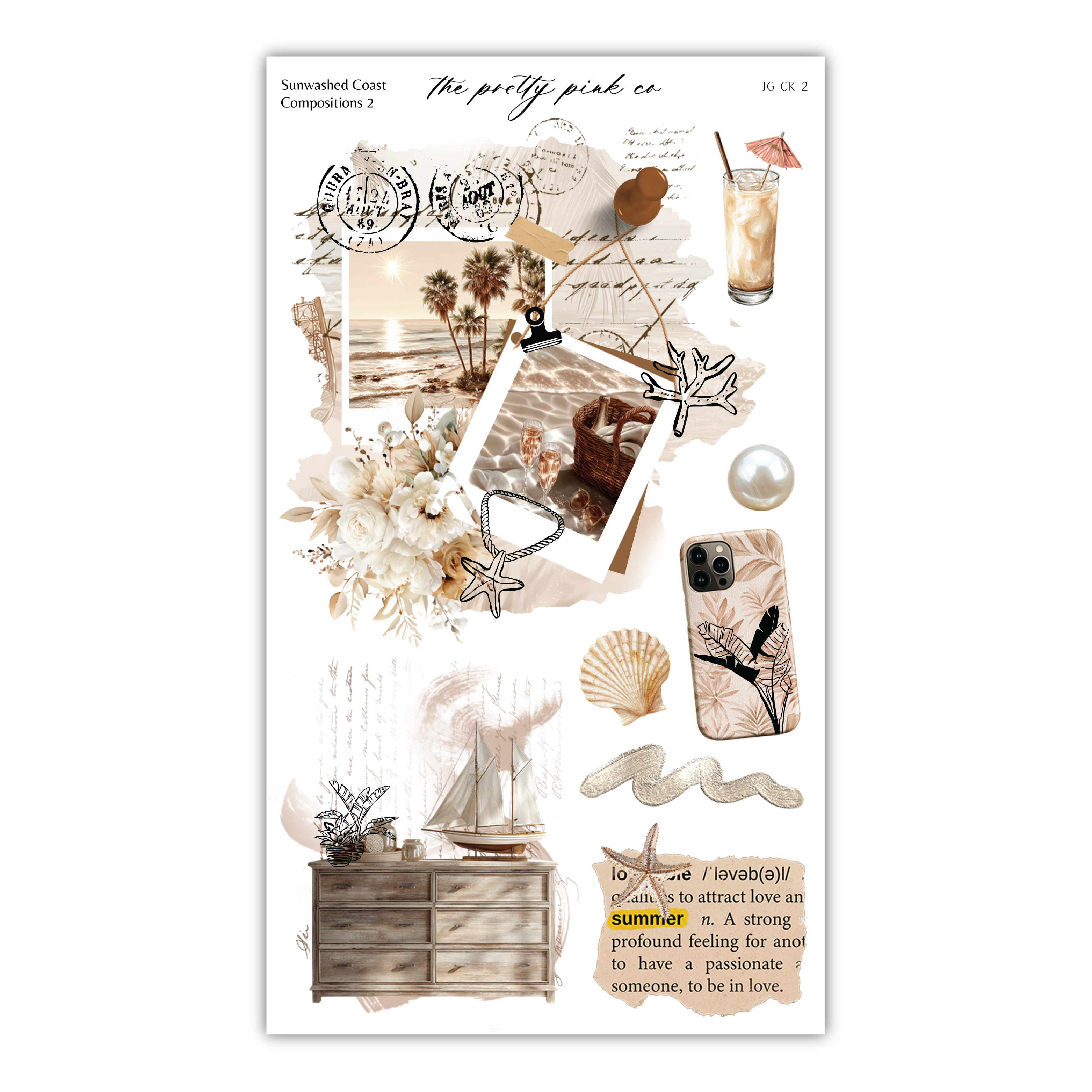 The image is a collage of various elements, including a tropical beach scene, a bottle, a seashell, a sailboat, and other decorative items. The collage appears to be a creative and artistic representation of a beach or coastal theme, with a focus on the use of natural elements and textures.