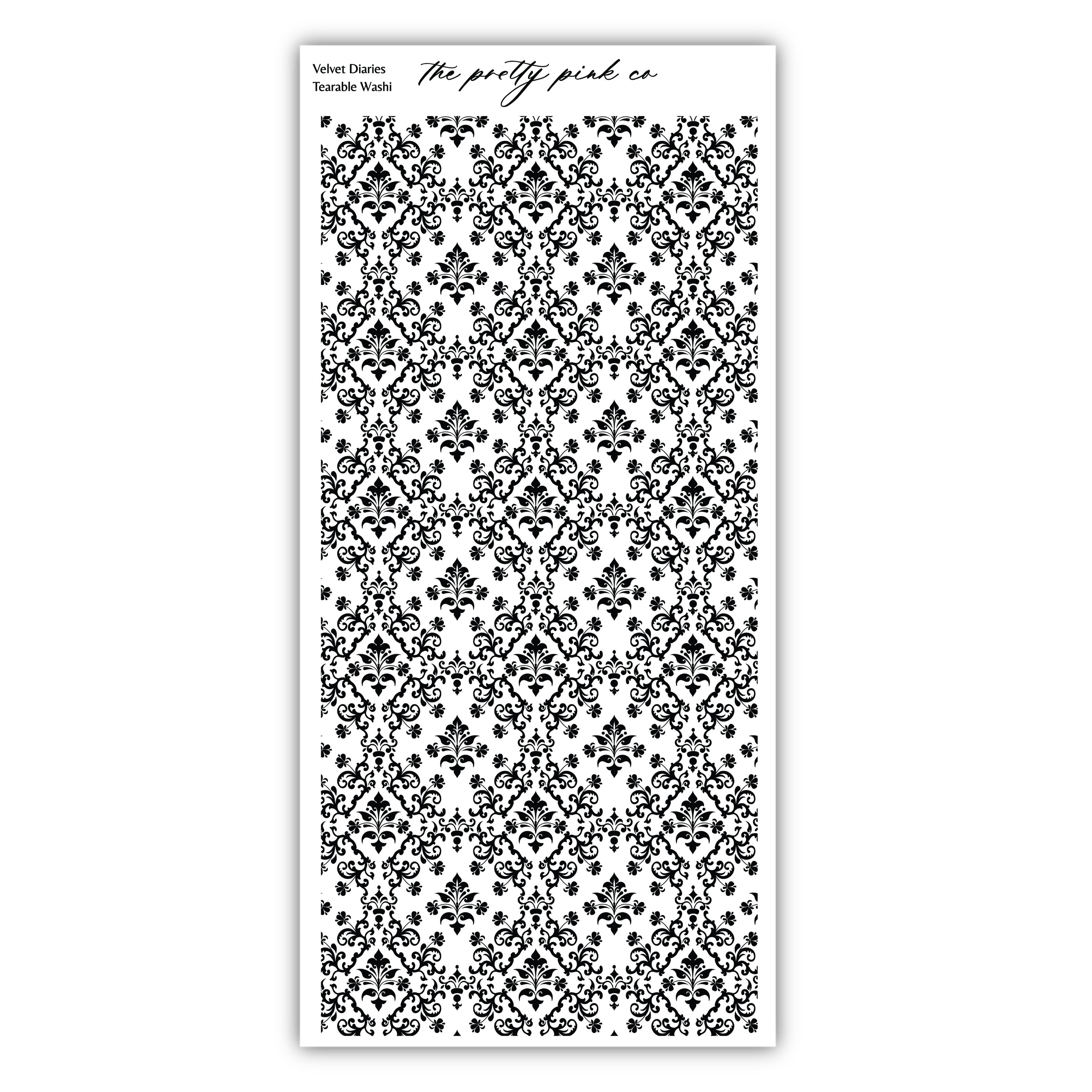 The image is a repeating pattern of black and white damask designs, creating a visually striking and intricate design.