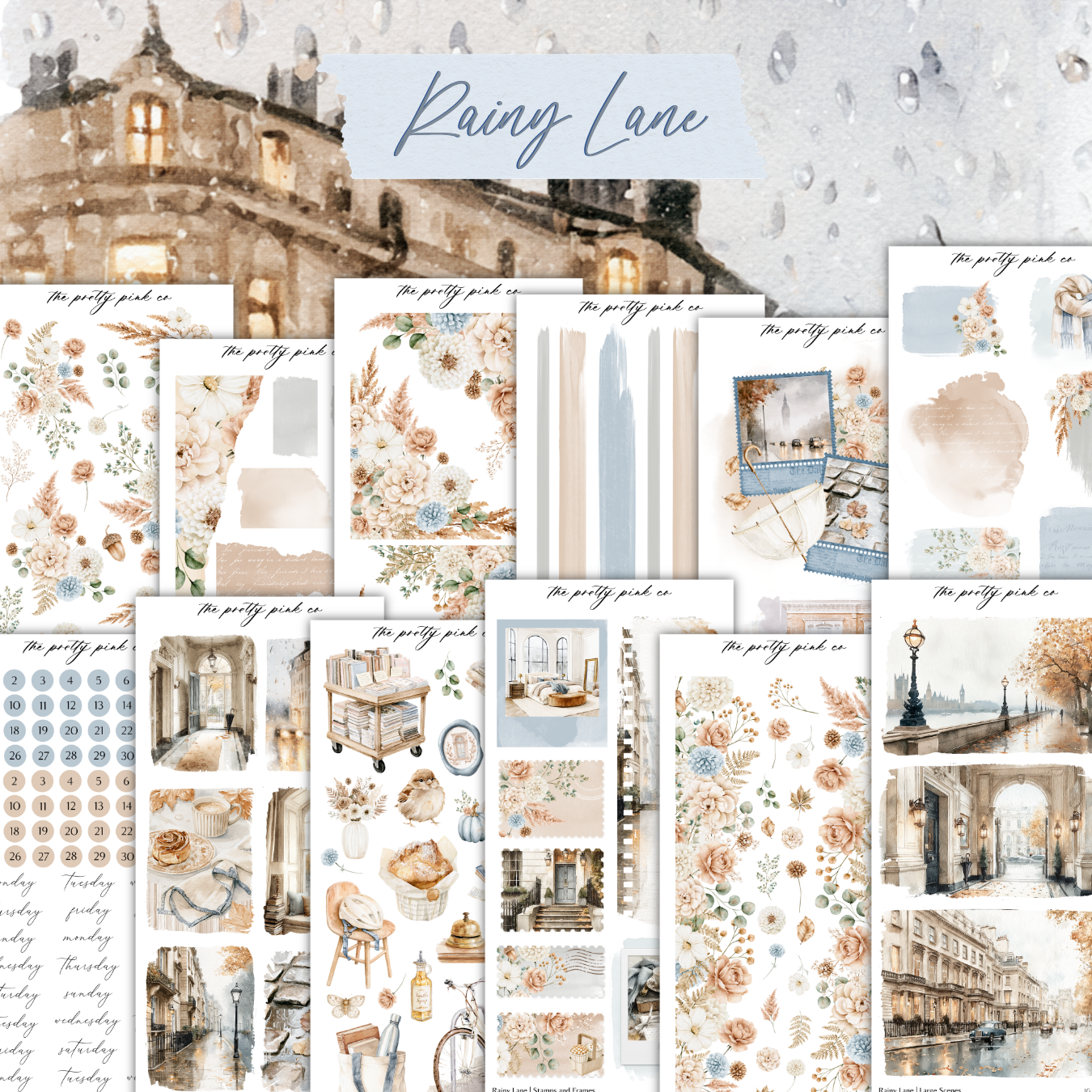 The image is a collage of various decorative elements, including floral patterns, architectural details, and other artistic motifs, all set against a rainy cityscape background.