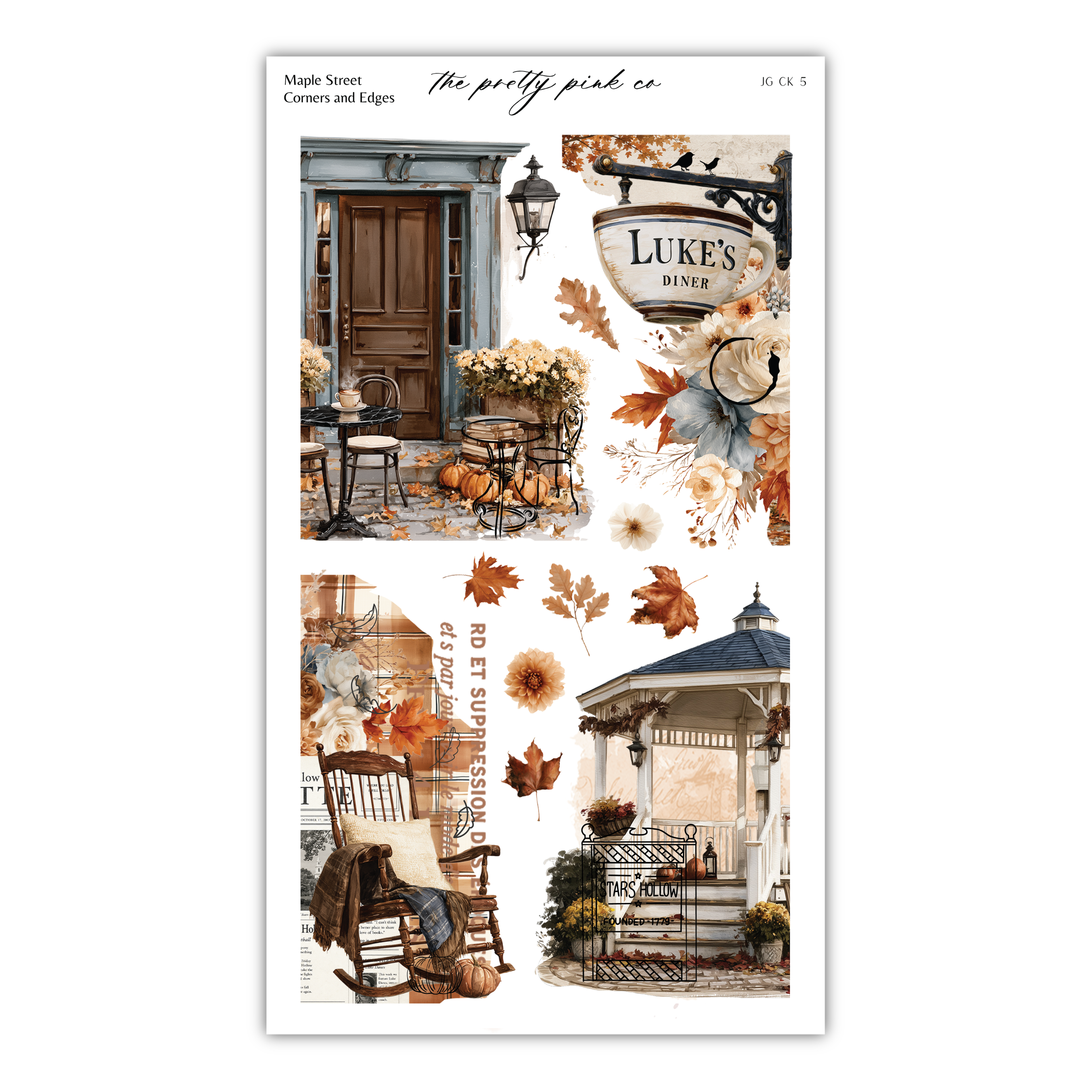 The image is a collage of various autumn-themed scenes, including a wooden door, a gazebo, and a porch with chairs and potted plants. The collage is titled "The pretty pink co" and includes images of maple street corners and edges, as well as a sign for " Luke's Diner".