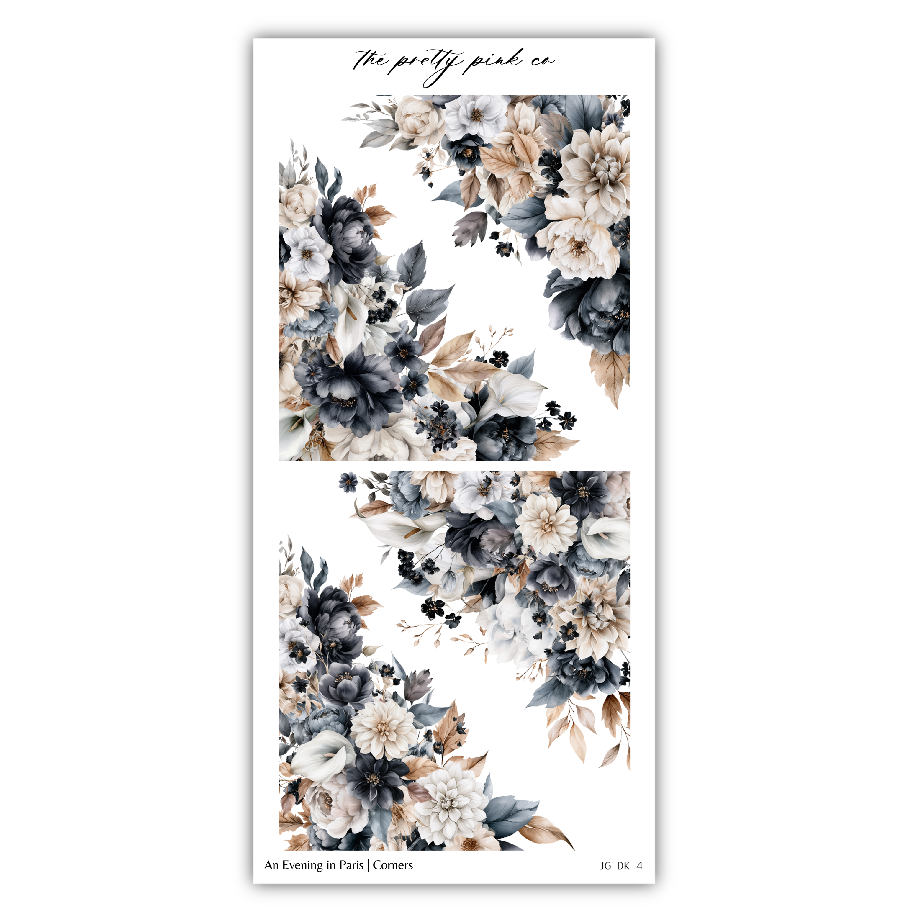 The image is a collage of two floral designs featuring various shades of blue, white, and brown flowers. The designs are arranged in a symmetrical manner, with the top and bottom images mirroring each other. The text "The pretty pink co" is present, but it is unclear what it means without additional context.
