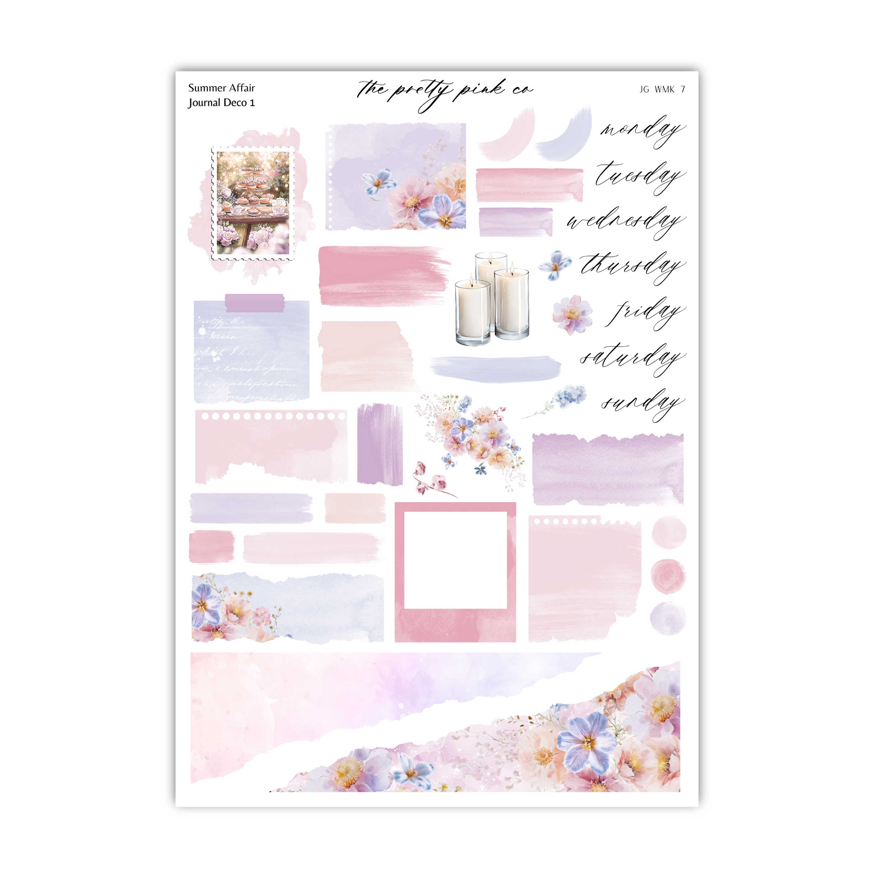 a pink and blue sticker sheet with flowers on it