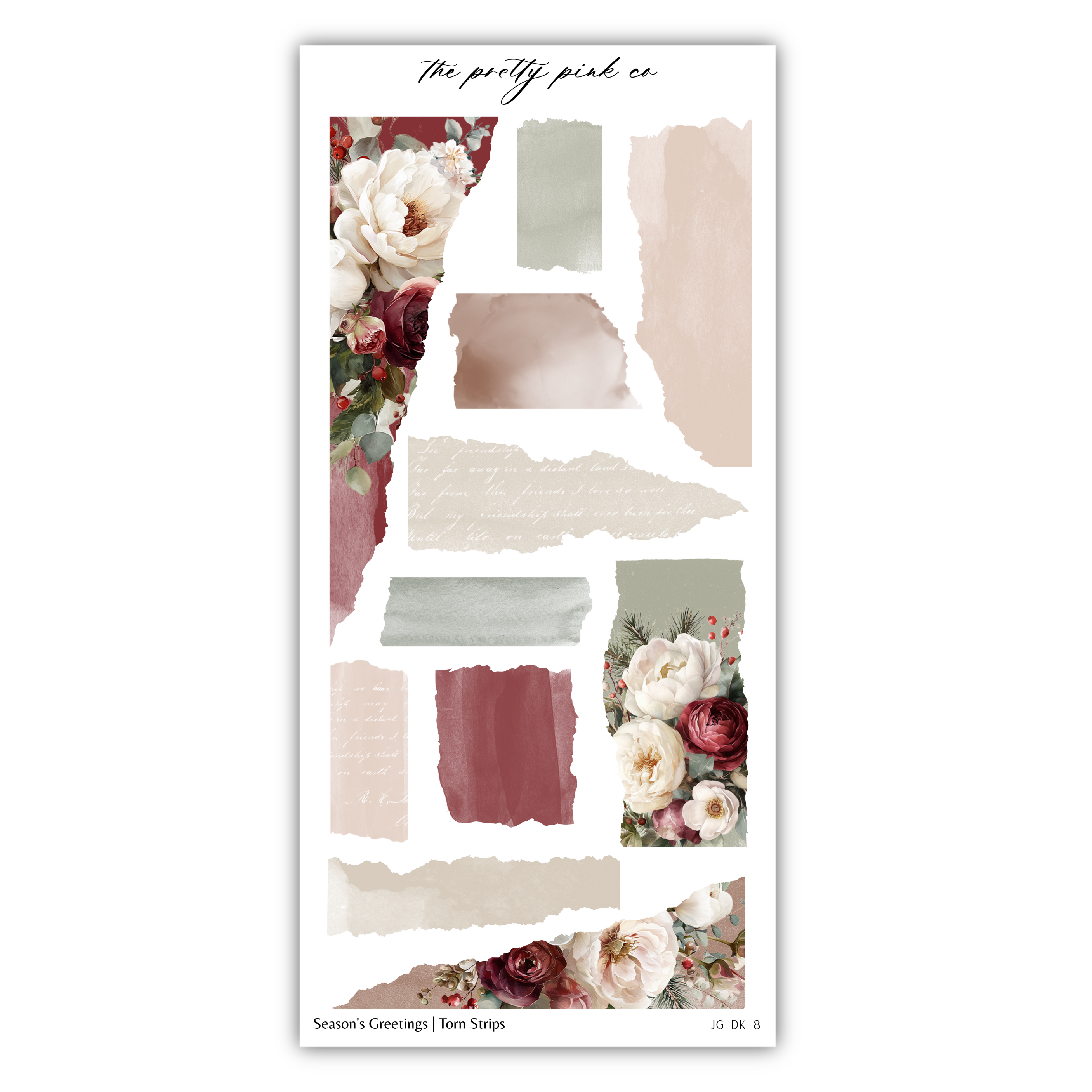The image is a collage of various floral and abstract elements, including white and pink flowers, green and beige shapes, and other abstract textures and patterns.