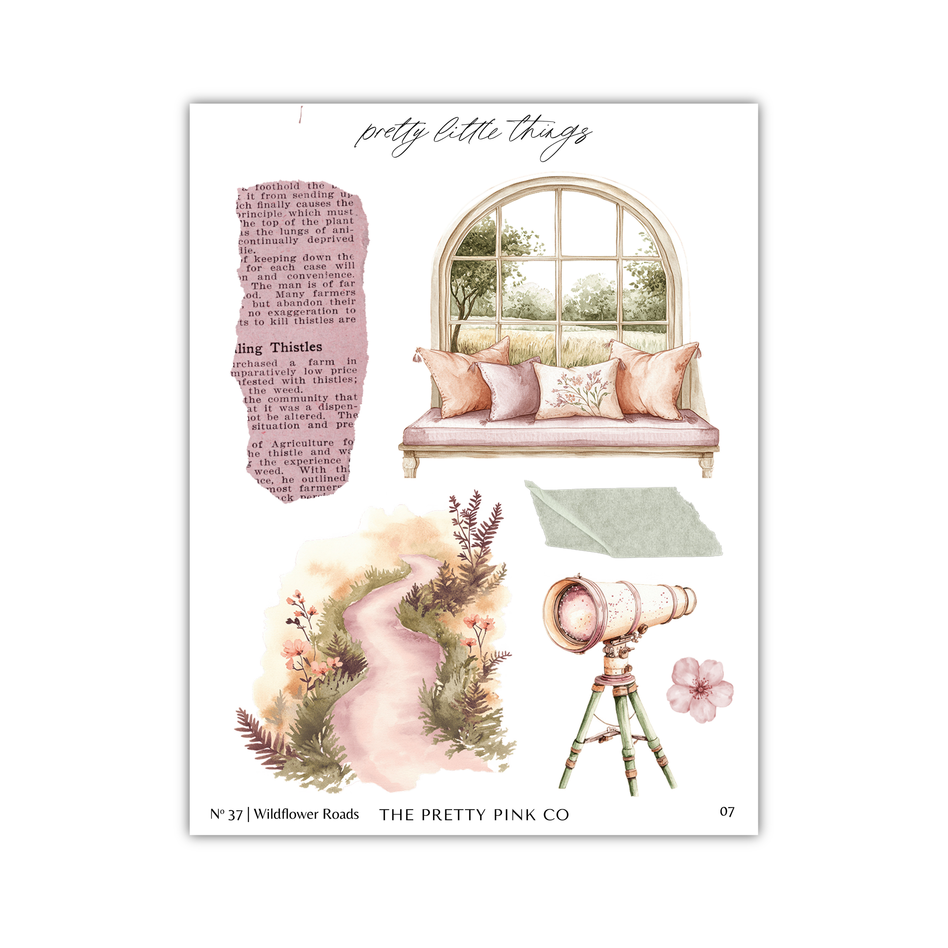 The image is a collage of various elements, including a window, a bench, a telescope, and a garden scene. The collage is titled "pretty little things" and includes text that describes the different elements.