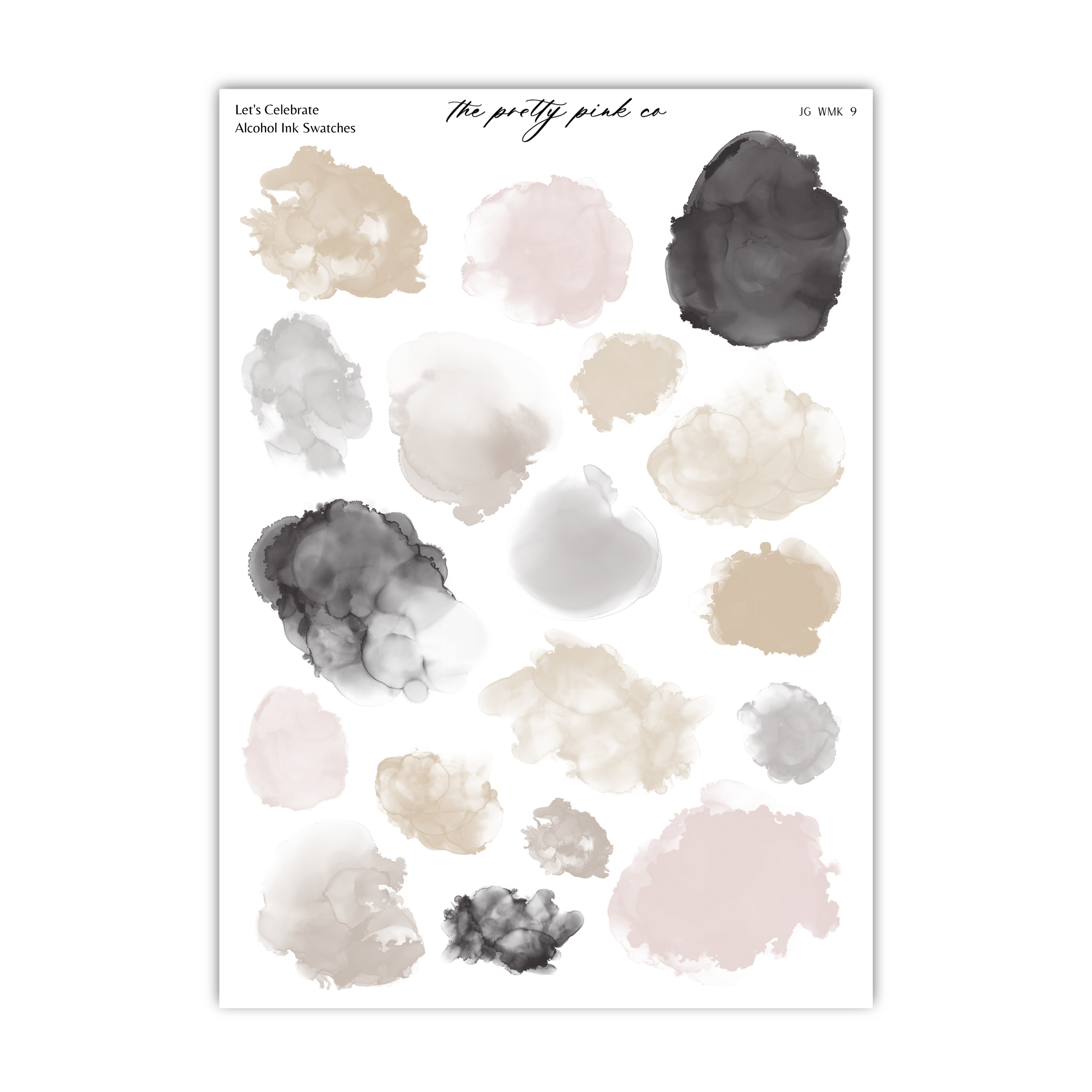 various abstract watercolor brush strokes in different shades of pink, black, and gray, arranged in a grid-like pattern.