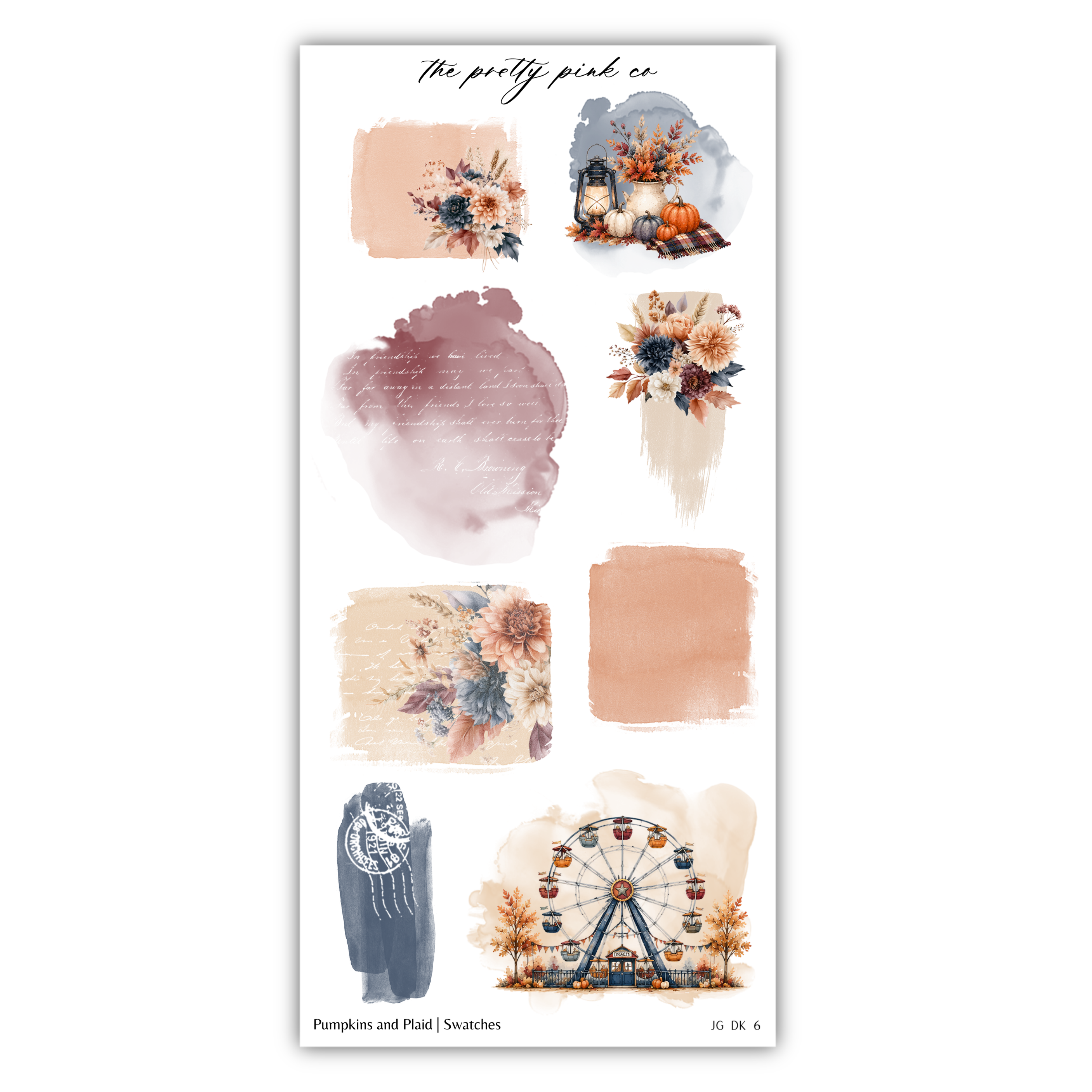 various autumn-themed elements, including pumpkins, flowers, a ferris wheel, and a dreamcatcher.